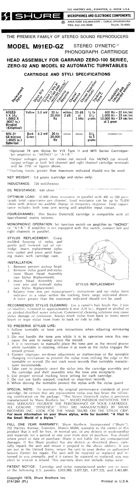 Shure M91ED-GZ User Guide - ManualMachine.com