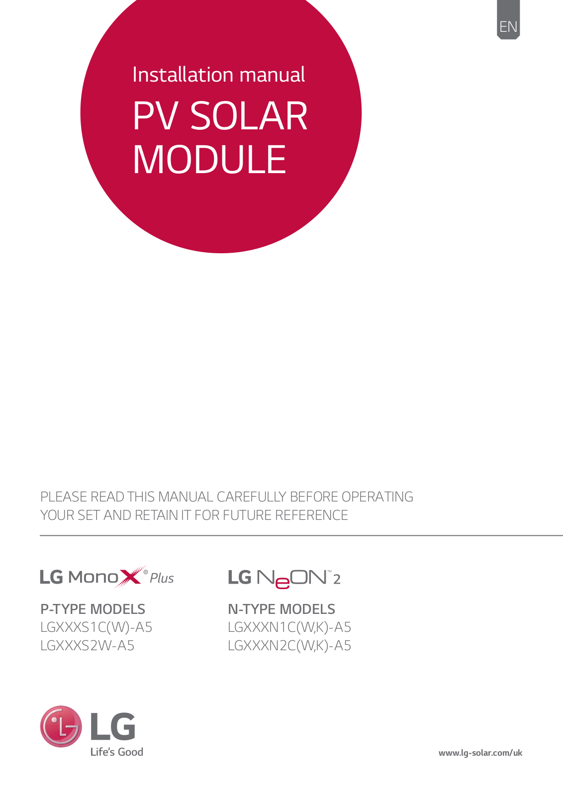 LG LG290S1C-A5, NeON 2 Series, LG295S1C-A5, LG300S1C-A5, LG302S1C-A5 Installation Manual