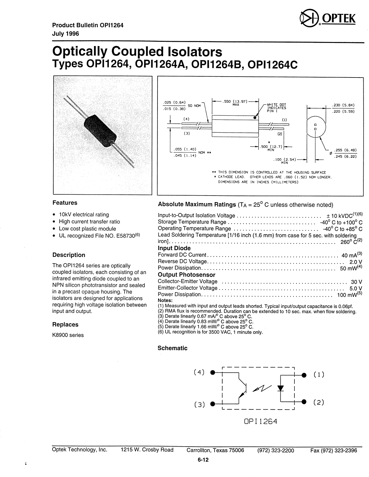 OPTEK OPI1264A, OPI1264C, OPI1264, OPI1264B Datasheet