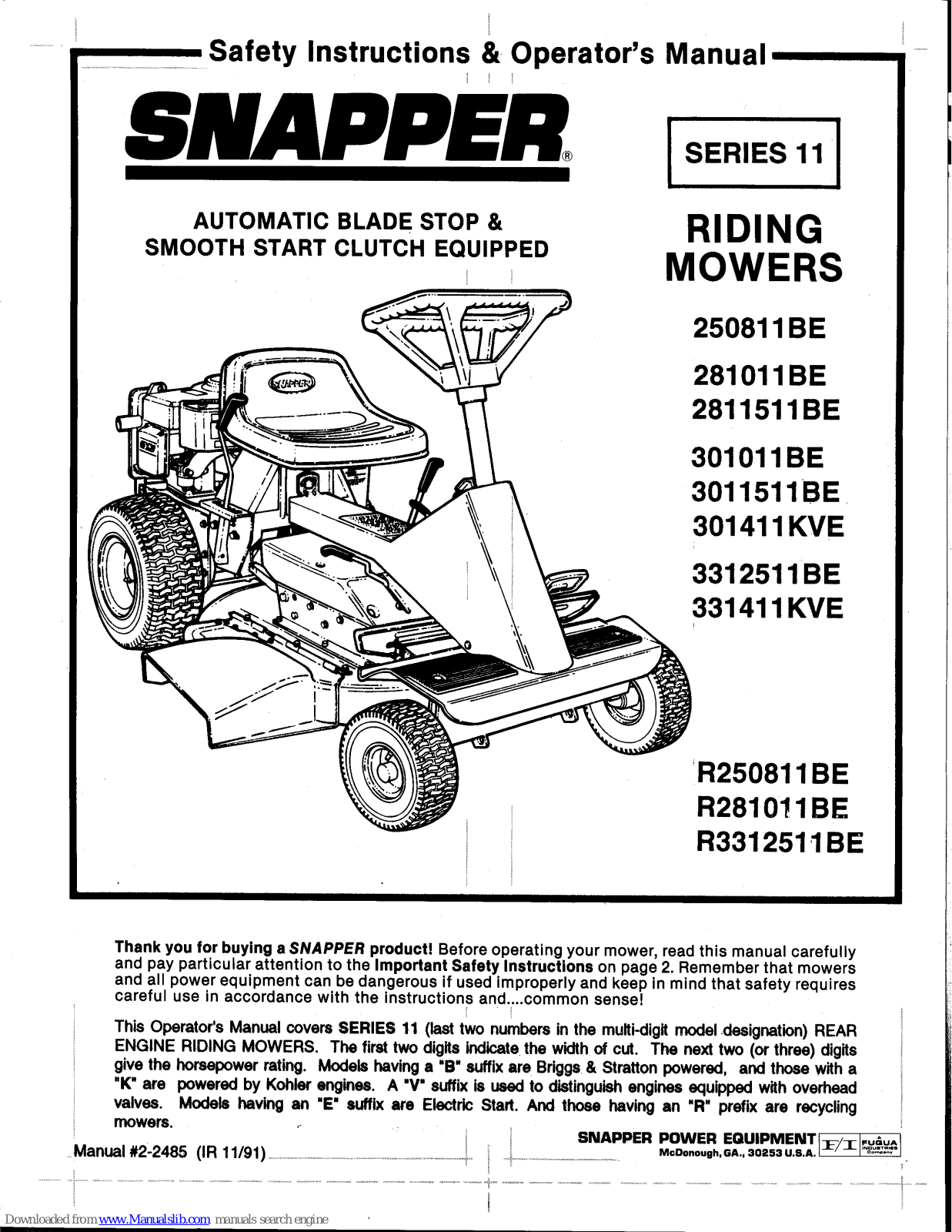 Snapper 250811BE, 281011BE, 2811511BE, 301011BE, 3011511BE Safety Instructions & Operator's Manual