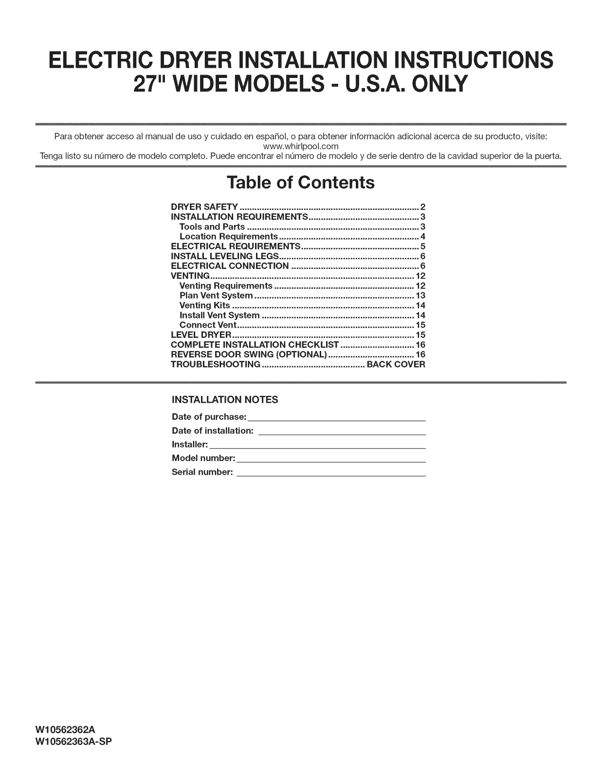Whirlpool WED5810BW0, WED5800BC0, WED5800BW0 Installation Guide - ManualMachine.com