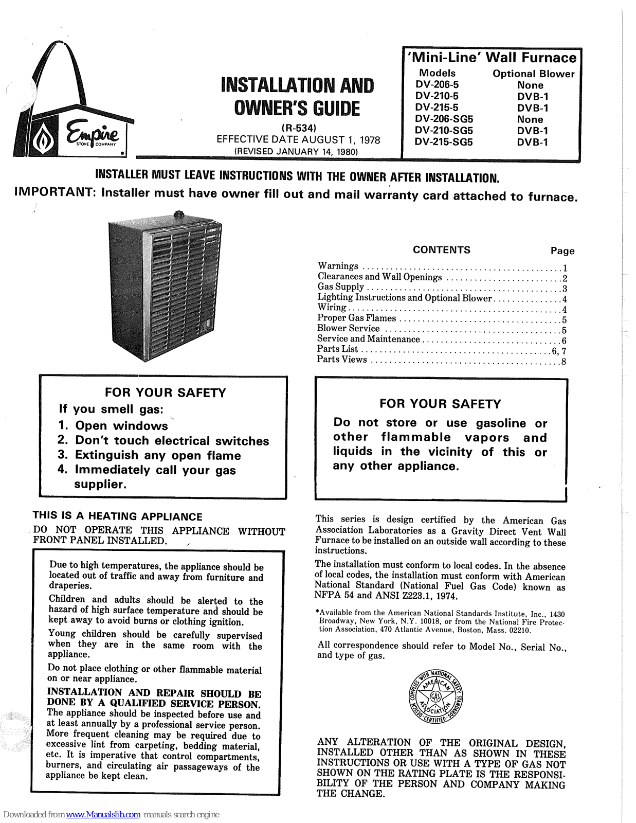 Empire Comfort Systems DV-206-5, DV-210-5, DV-210-SG5, DV-215-SG5, DV-215-5 Installation And Owner's Manual