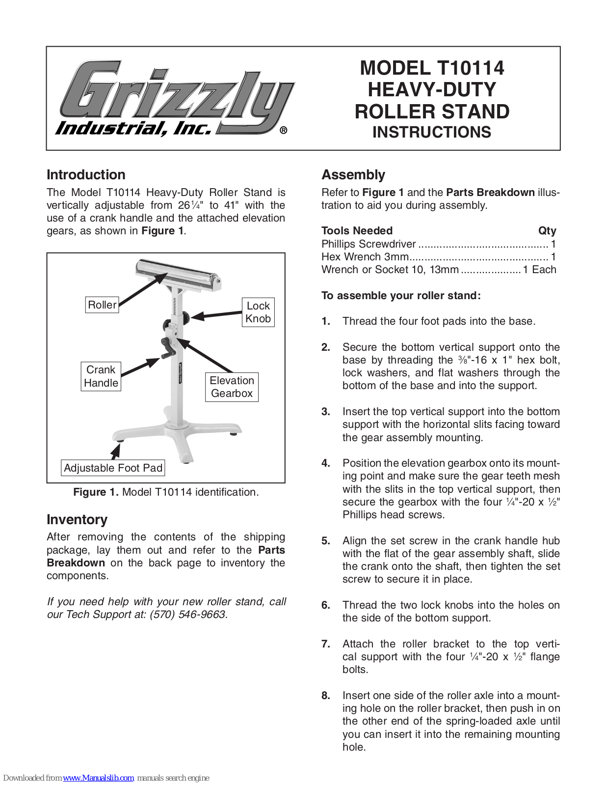 Grizzly Heavy-Duty Roller Stand T10114 Instruction Manual