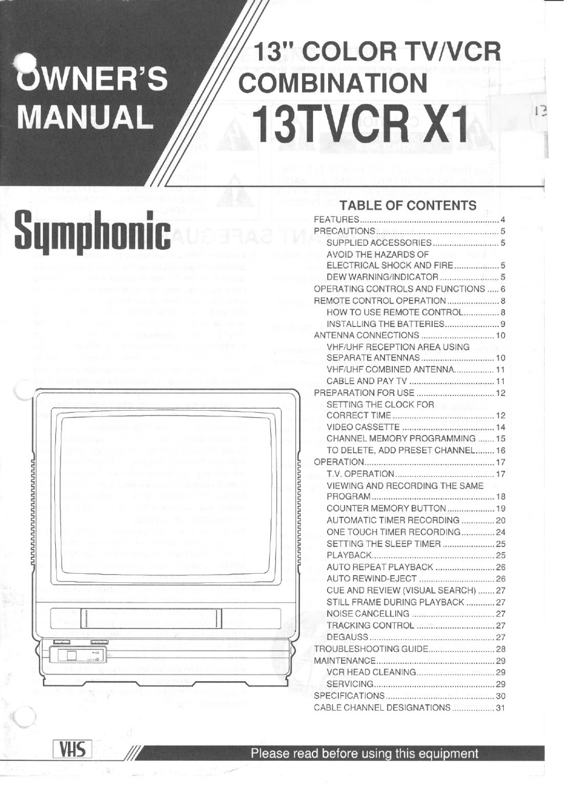 Symphonic 13TVCRX1 User Manual