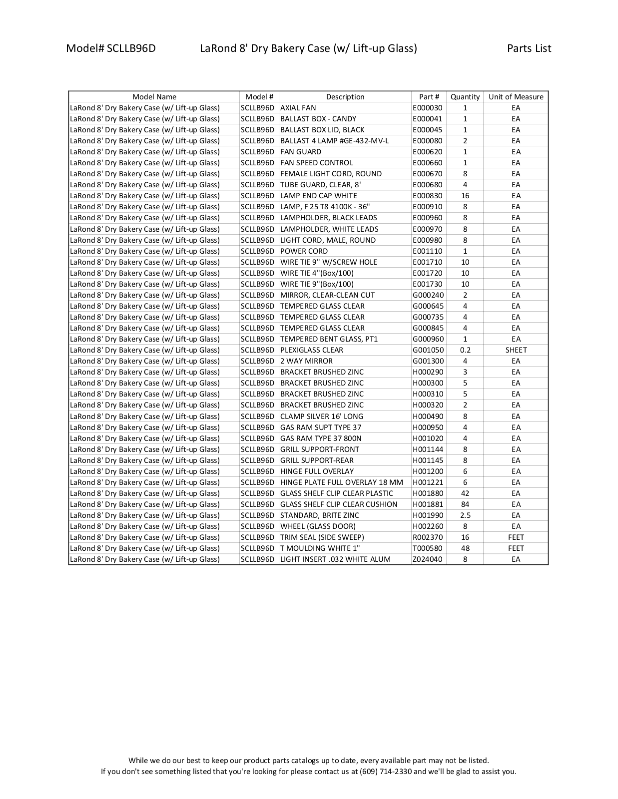 RPI Industries SCLLB96D Parts List