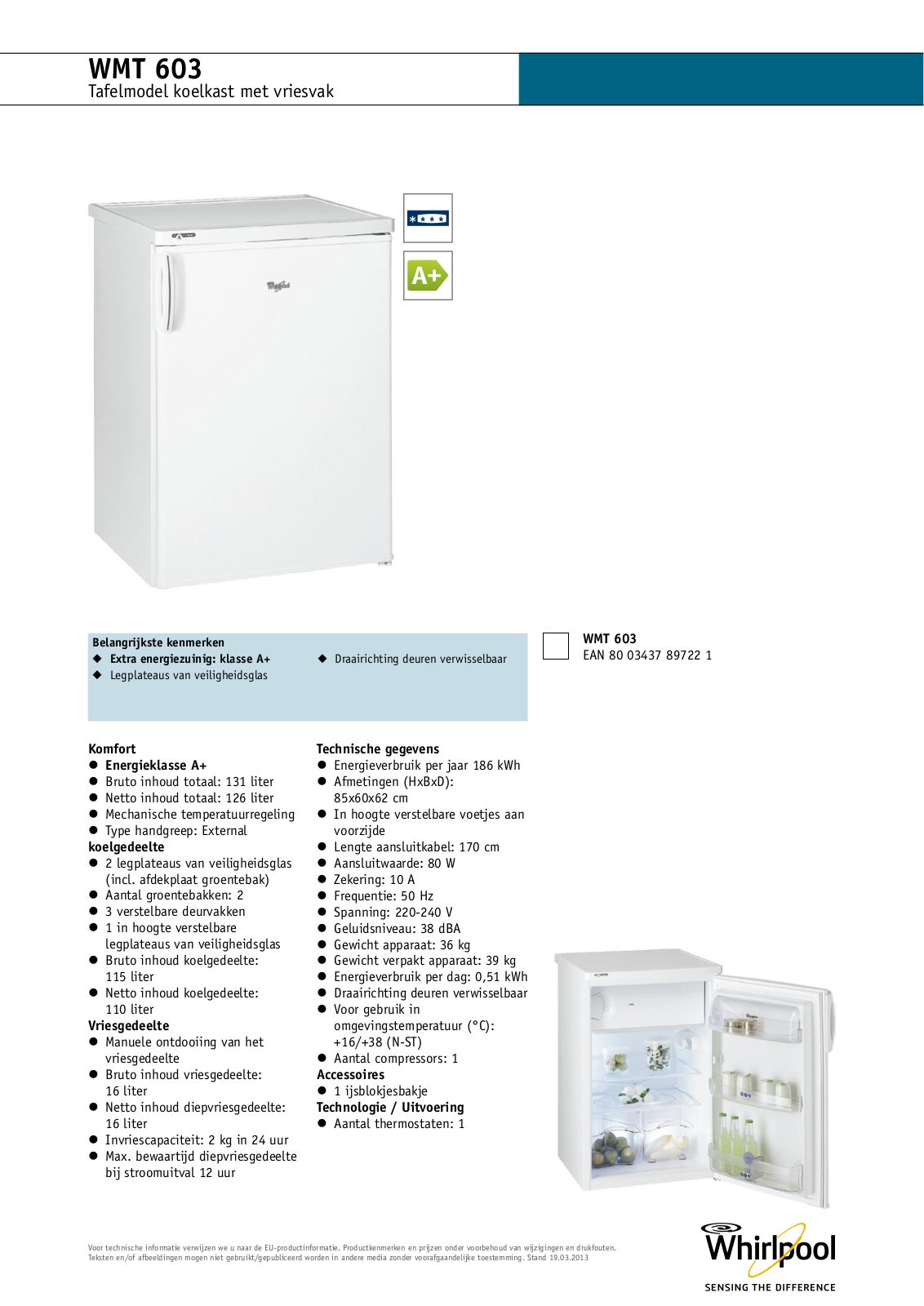 Whirlpool WMT603 PRODUCT SHEET