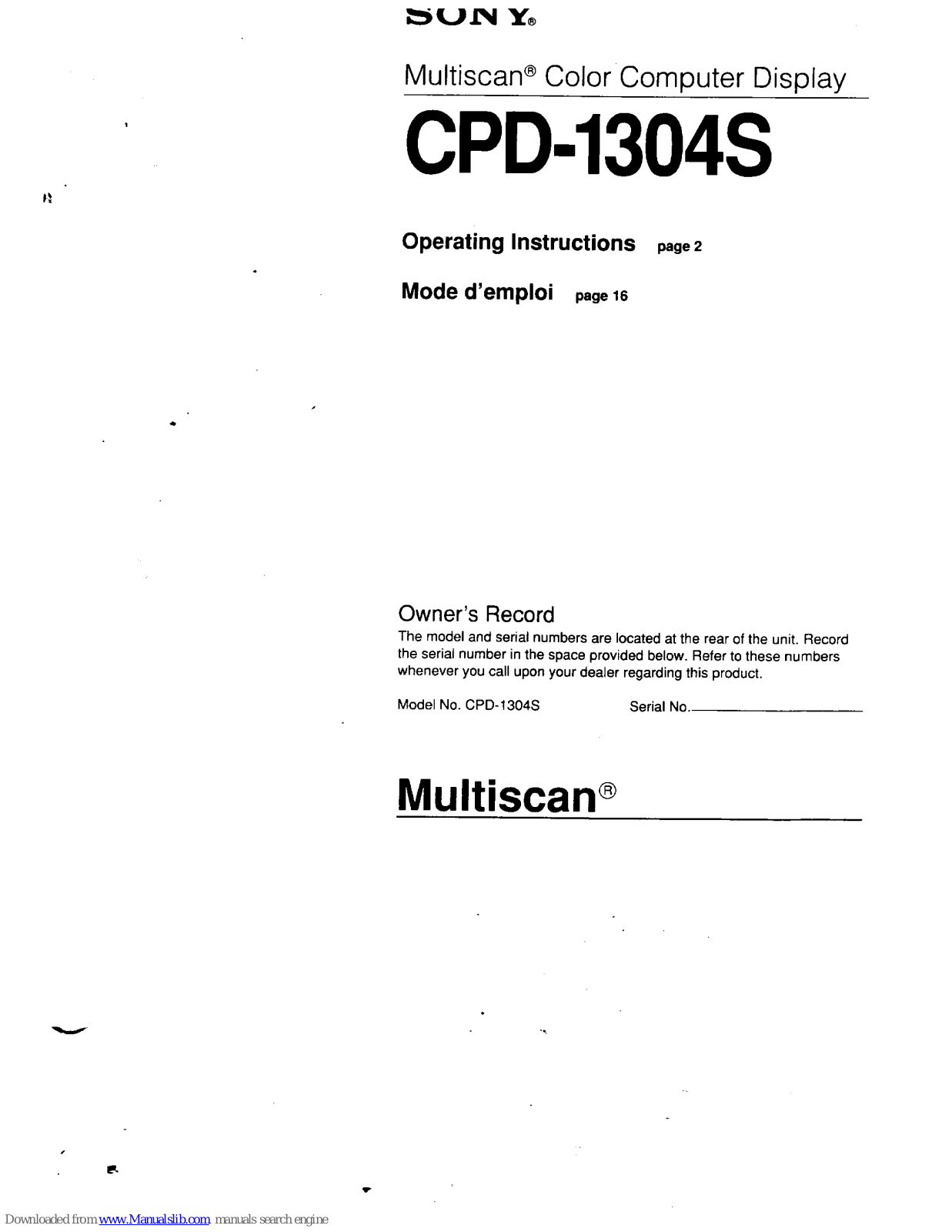 Sony CPD-1304S Operating Instructions (primary manual) Operating Instructions Manual