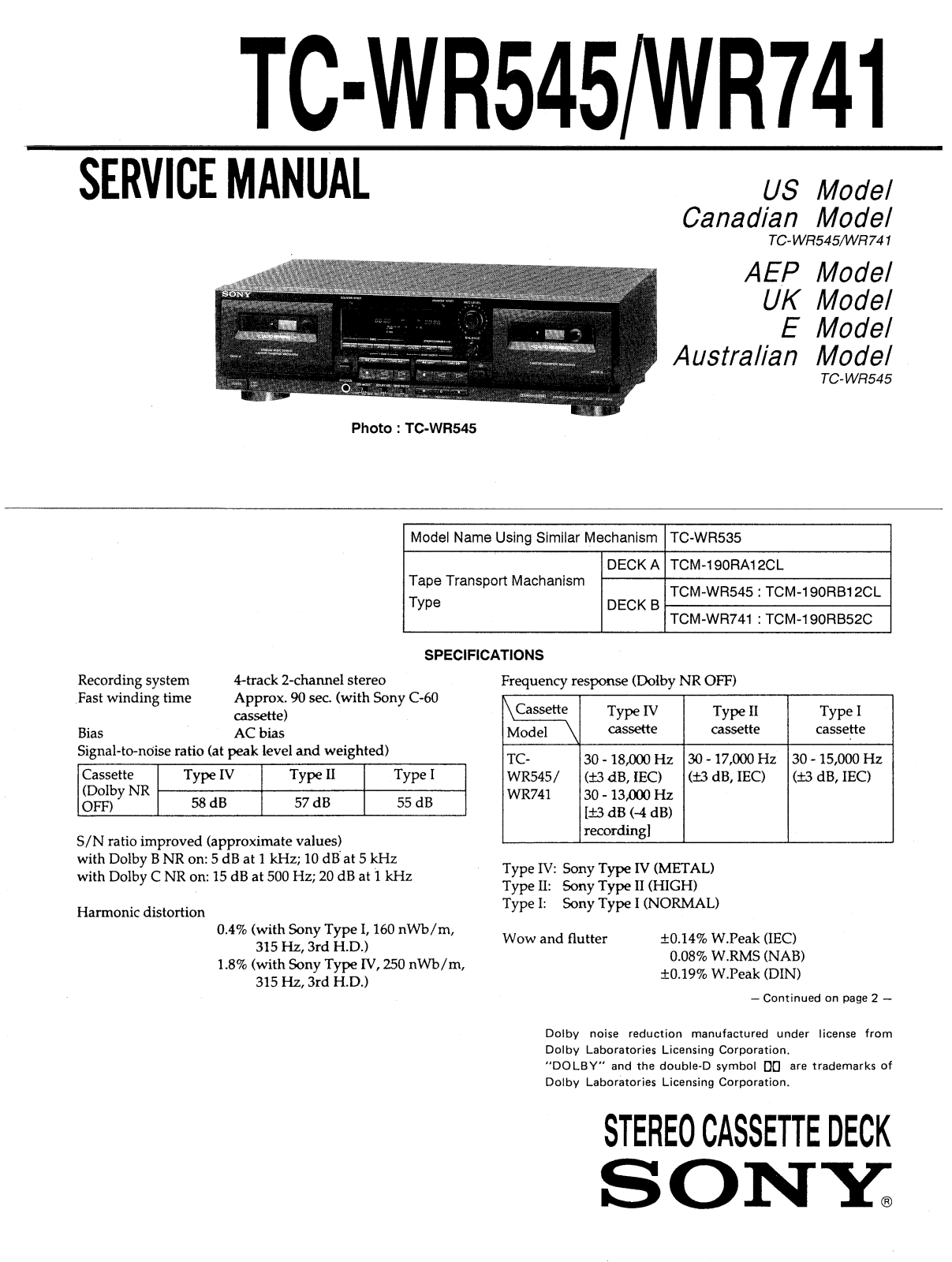 Sony TCWR-545, TCWR-741 Service manual