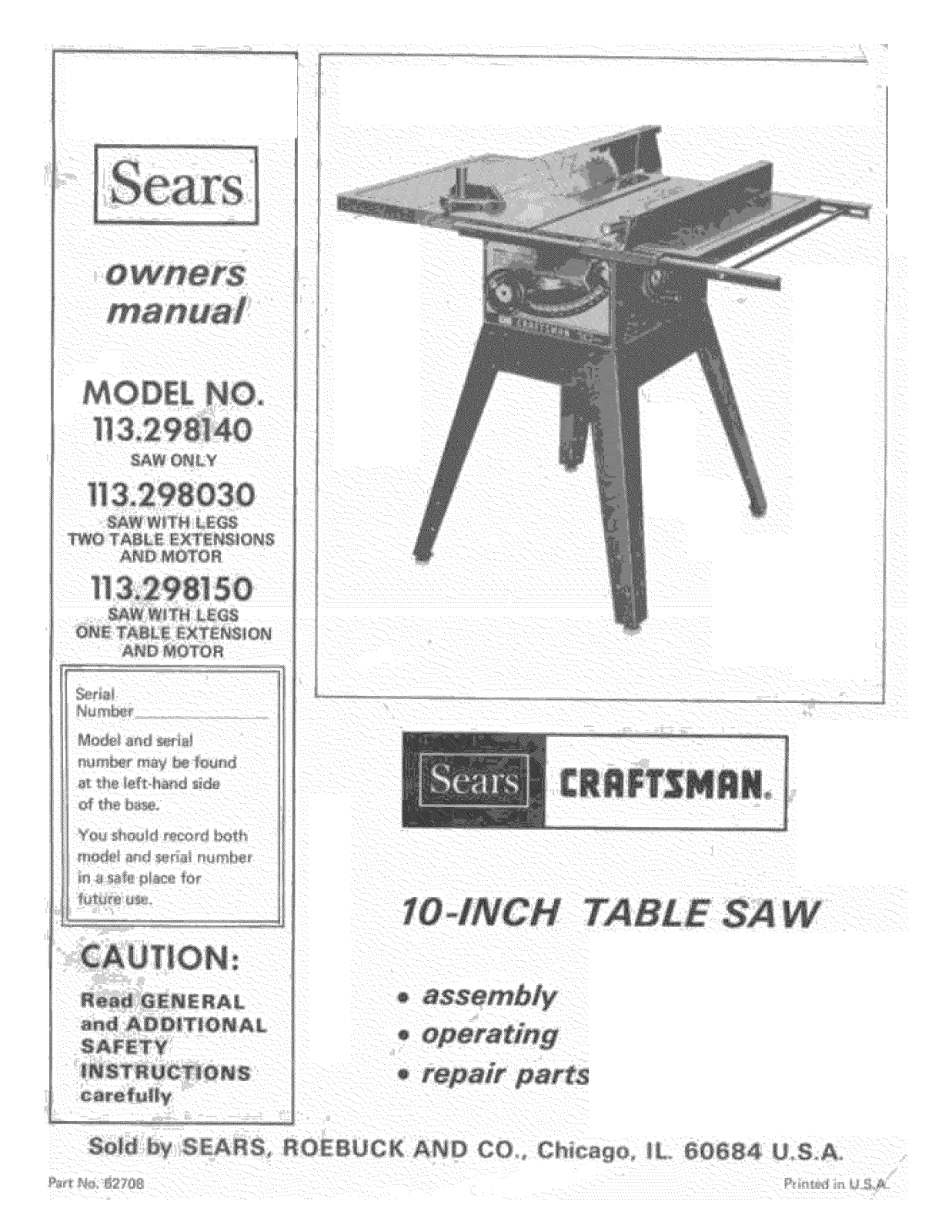 Craftsman 113298140, 113298150, 113298030 Owner’s Manual