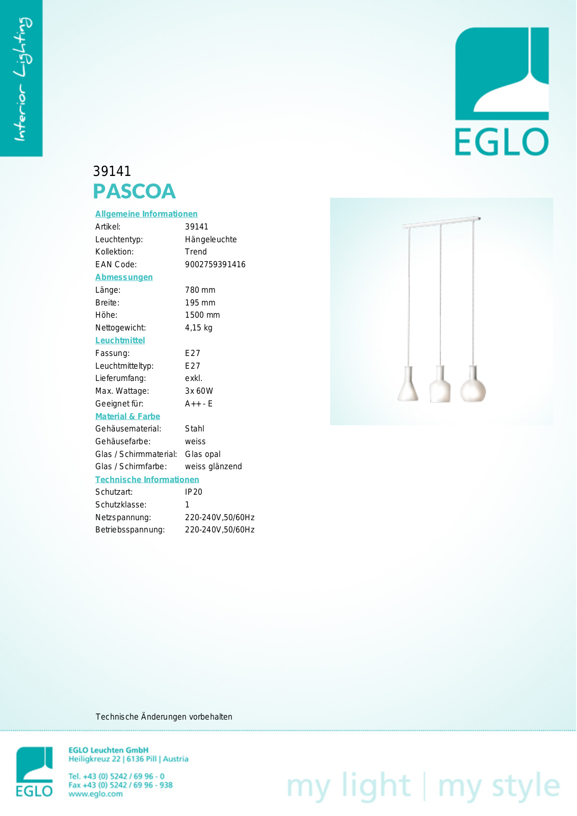 Eglo 39141 Technical data