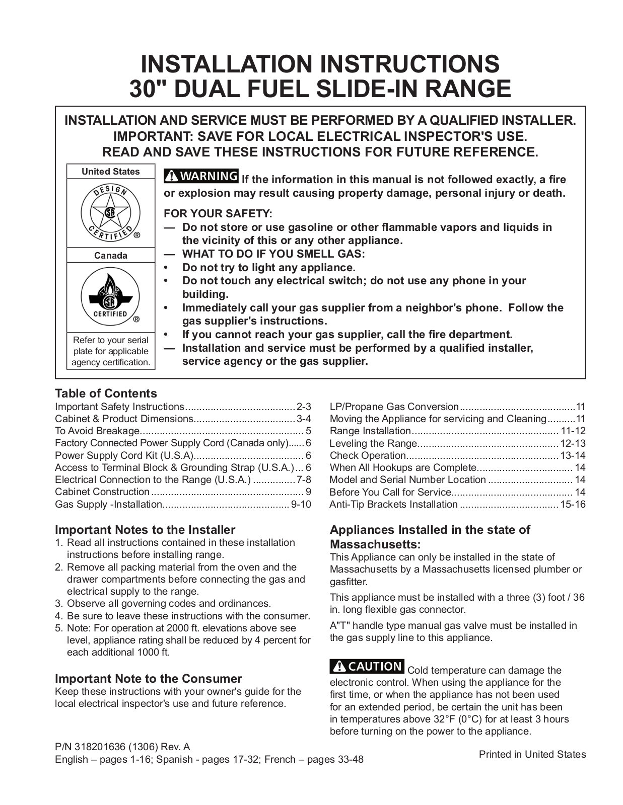 Electrolux EW30DS80RSA, EW30DS80RSB, EW30DS80RSC, EW30DS80RSD, EW30DS80RSE Installation Guide