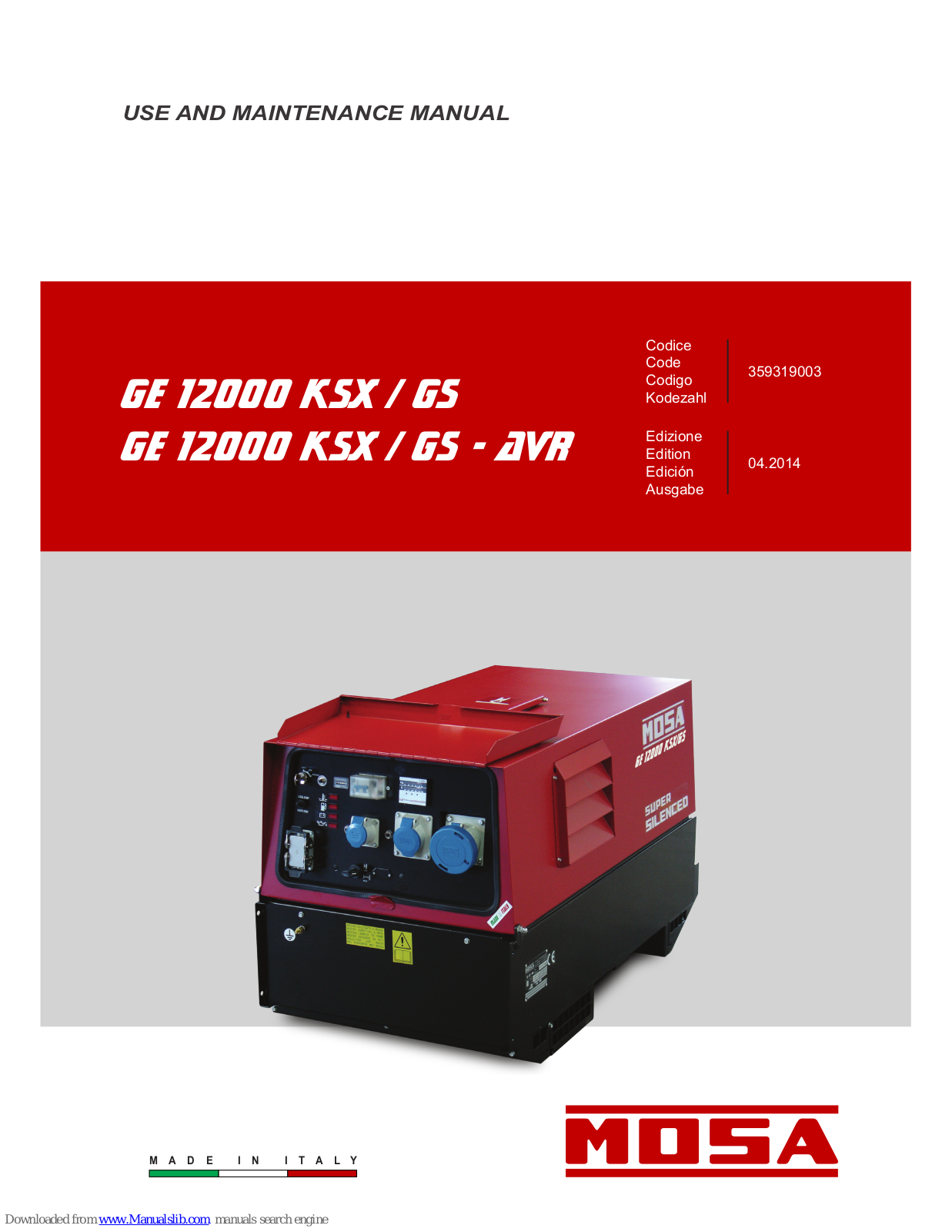 Mosa GE 12000 KSX/GS - AVR, GE 12000 KSX/GS Maintance Manual