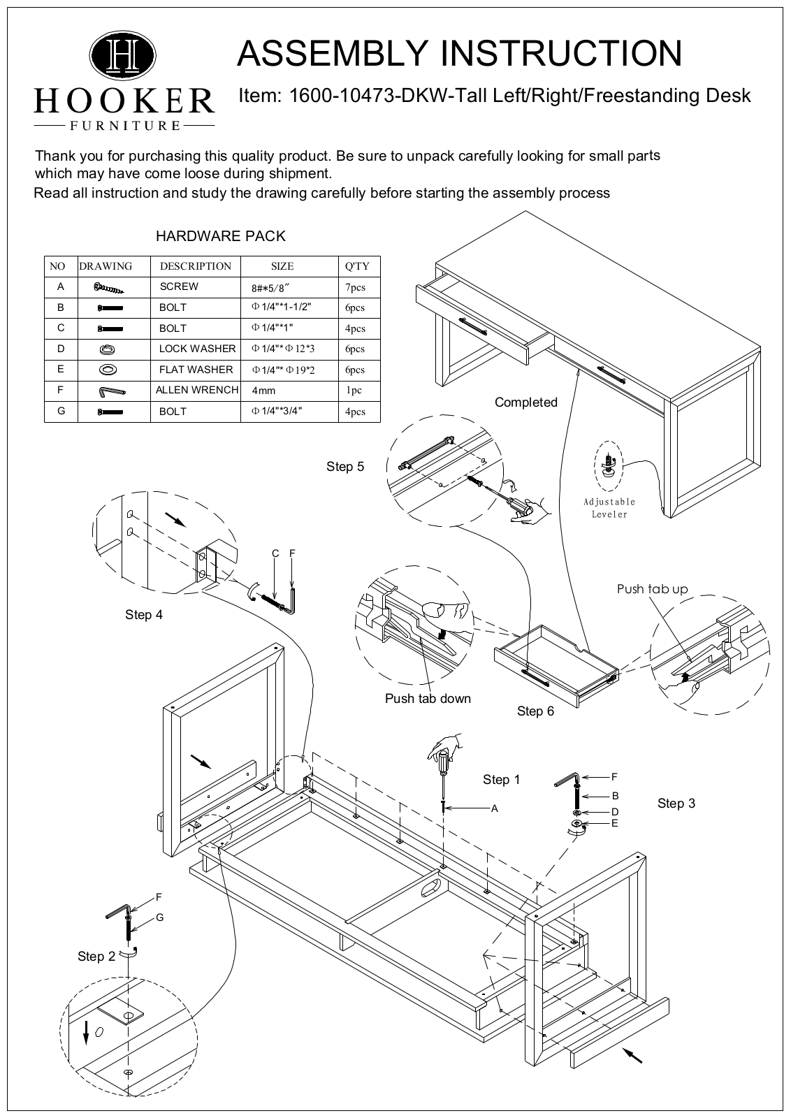 Hooker Furniture 160010453DKW Assembly Guide