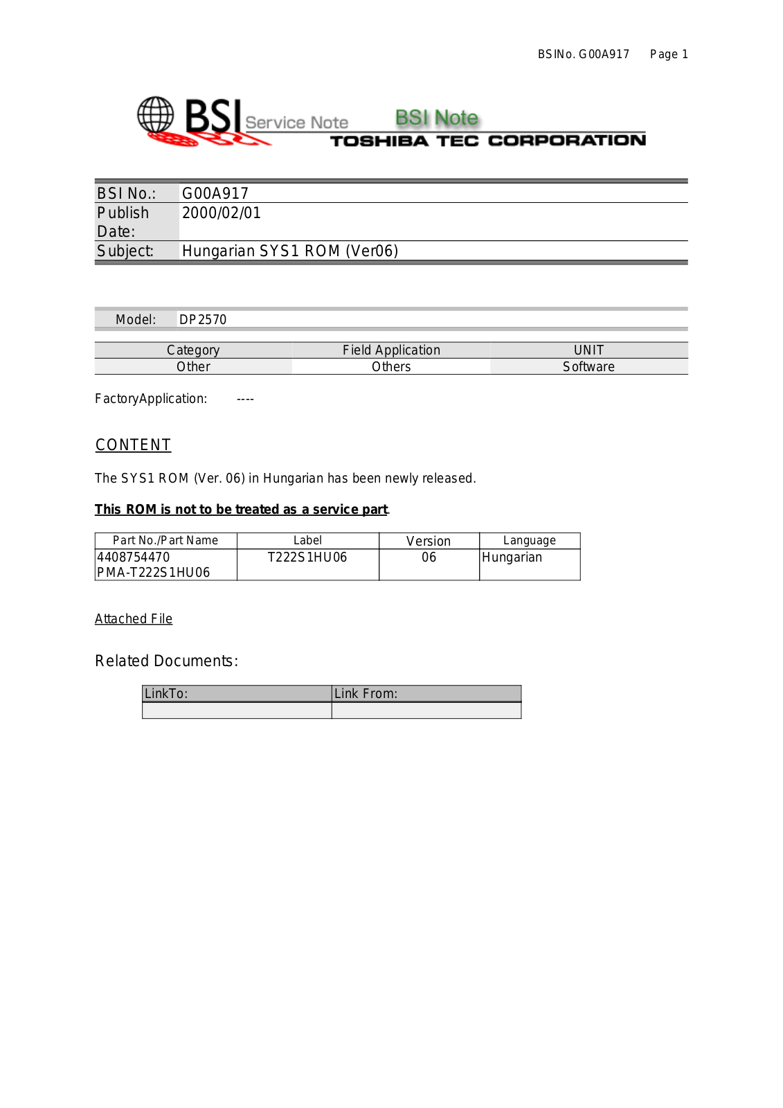 Toshiba g00a917 Service Note