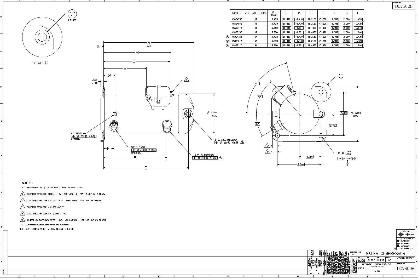 Tecumseh VSAG475ZXT, VSAG494ZXT, VSAG511ZXT, VSAG513ZXT, VSBG494ZNA Drawing Data