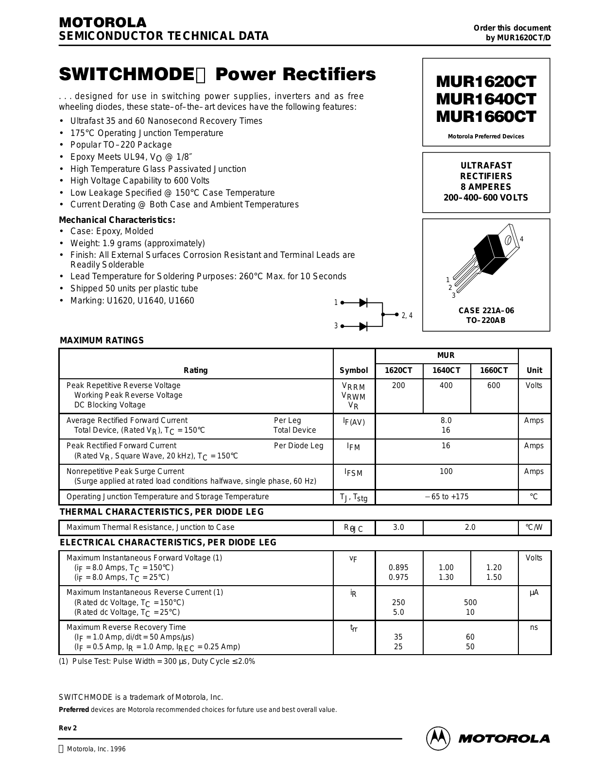 Motorola MUR1640CT, MUR1620CT, MUR1660CT Datasheet