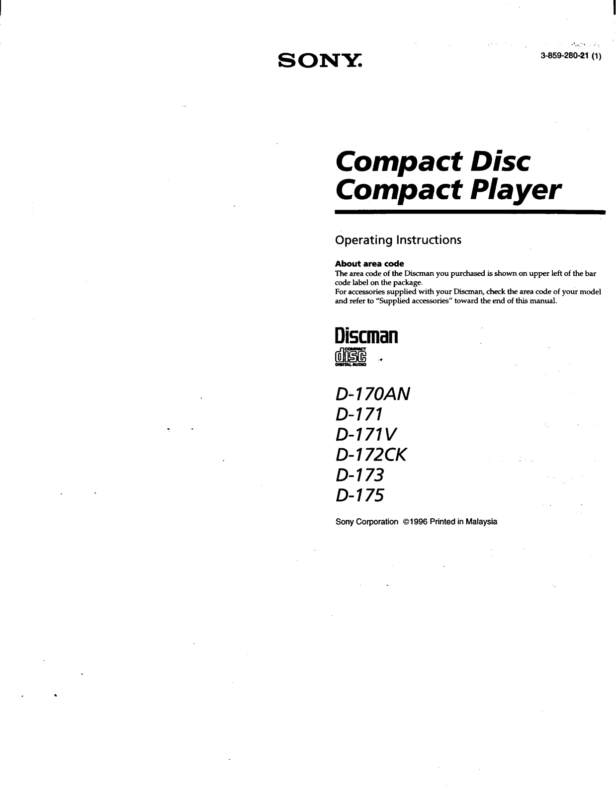 Sony D-170AN, D-171, D-171V, D-172CK, D-173 Operating Instruction