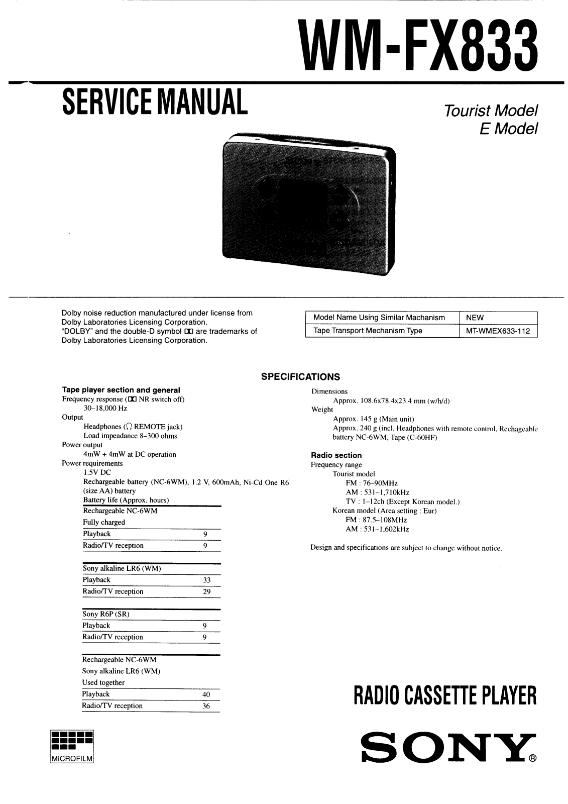 Sony WMFX-833 Service manual