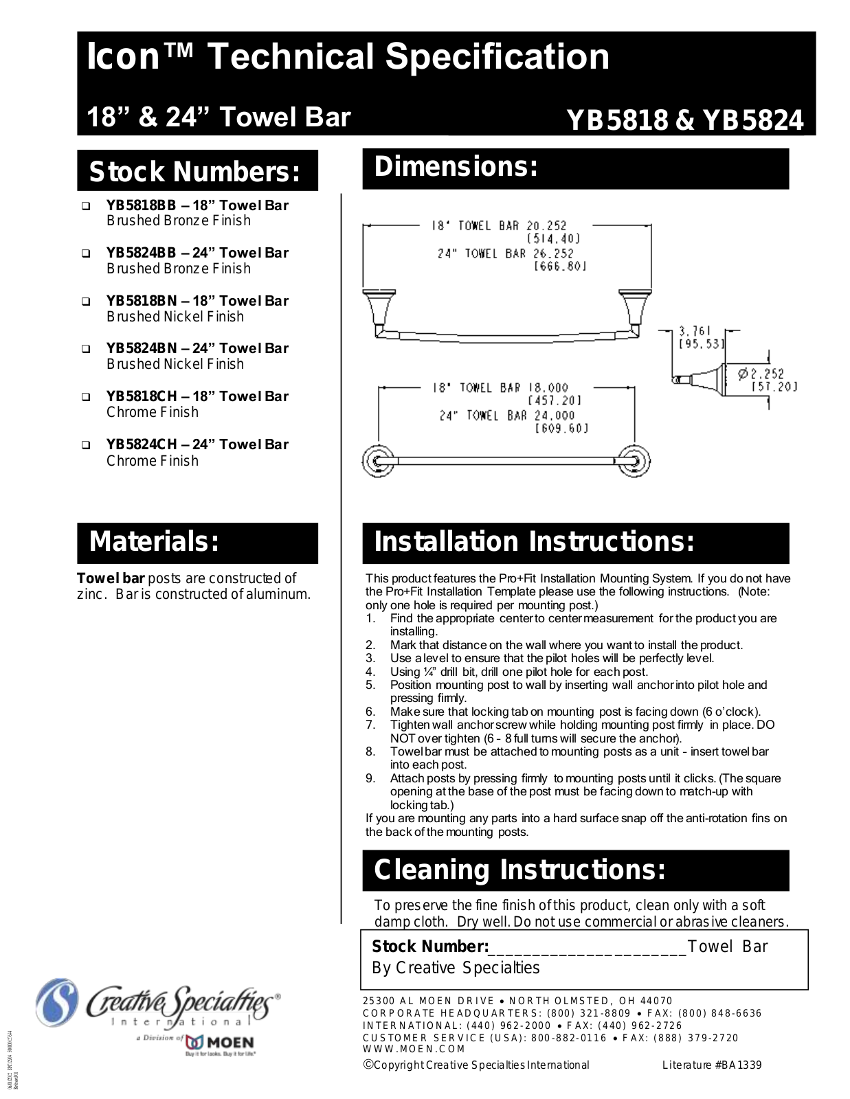 Moen YB5824CH Installation manual