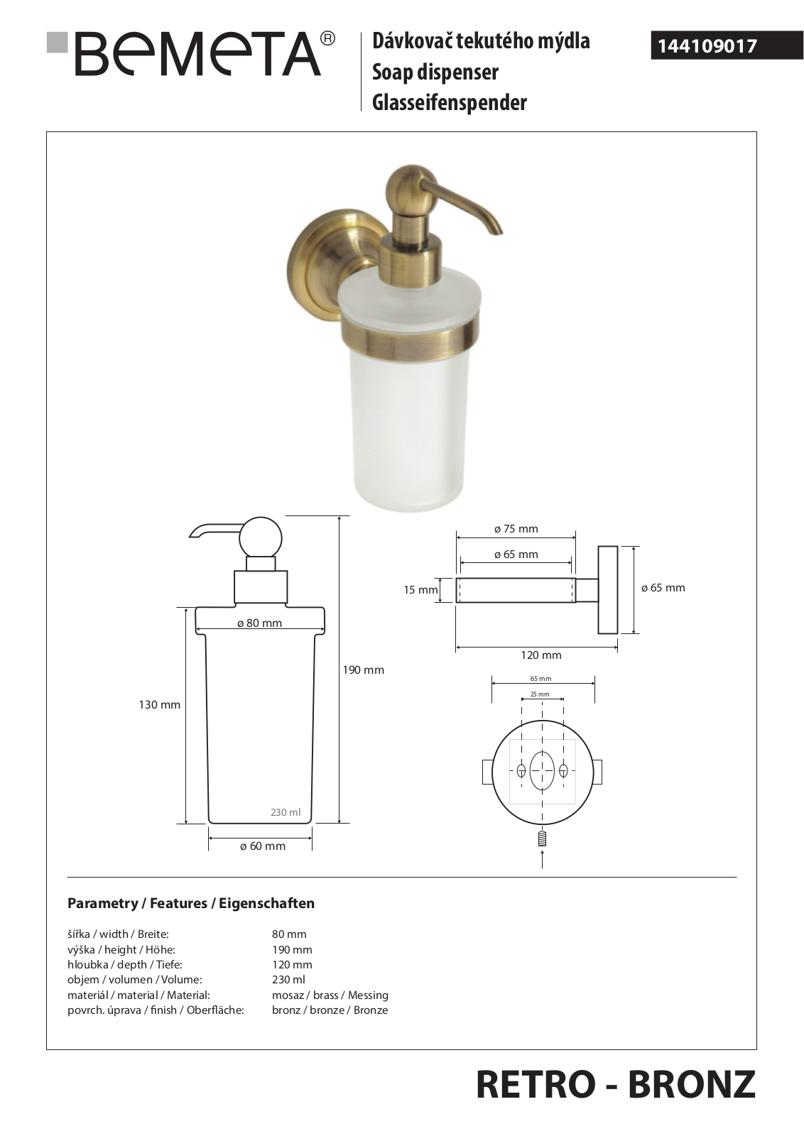 Bemeta RETRO - BRONZ  144109017 User guide