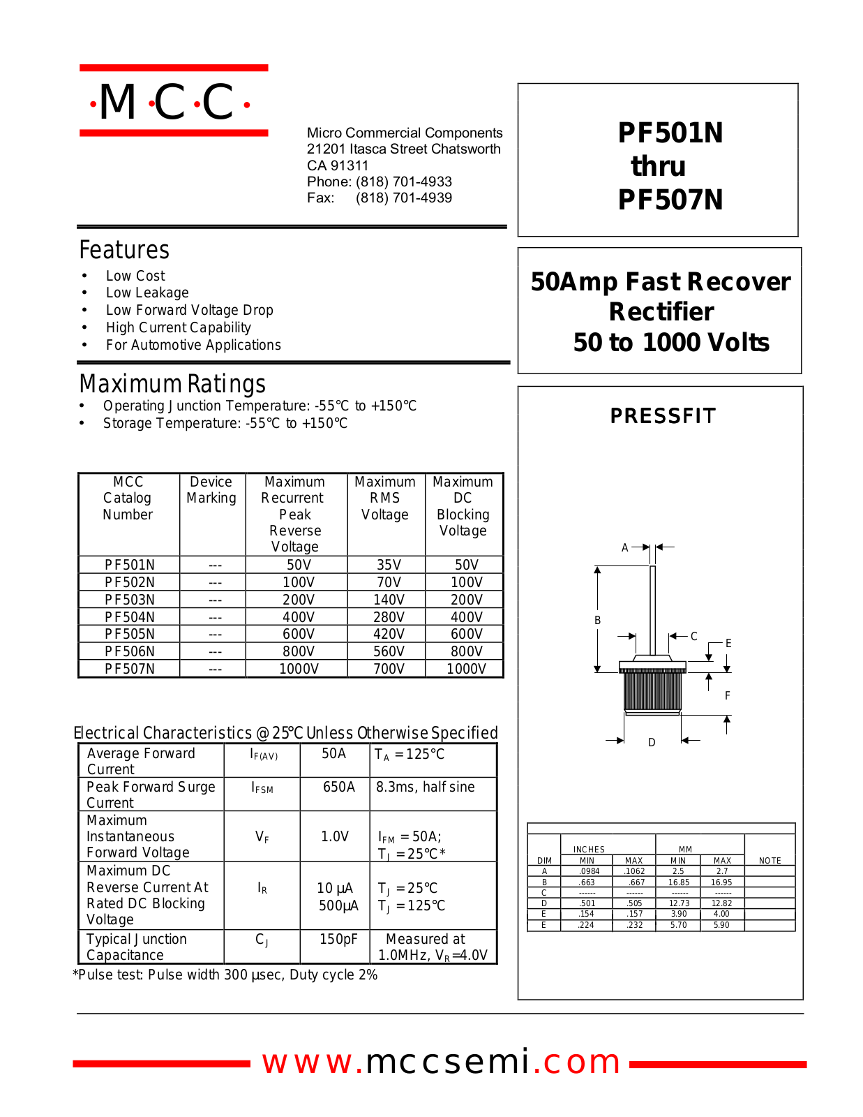 MCC PF505N, PF506N, PF507N, PF502N, PF503N Datasheet