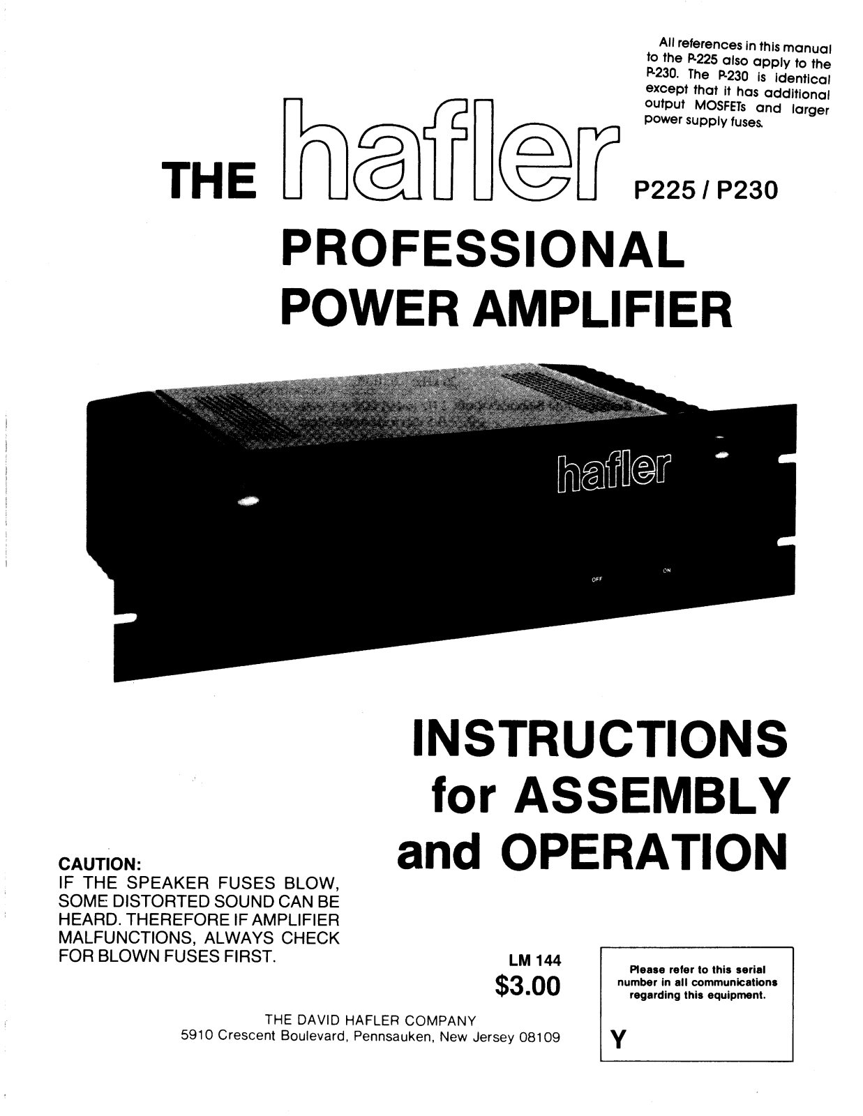 Hafler P225 Owners Manual