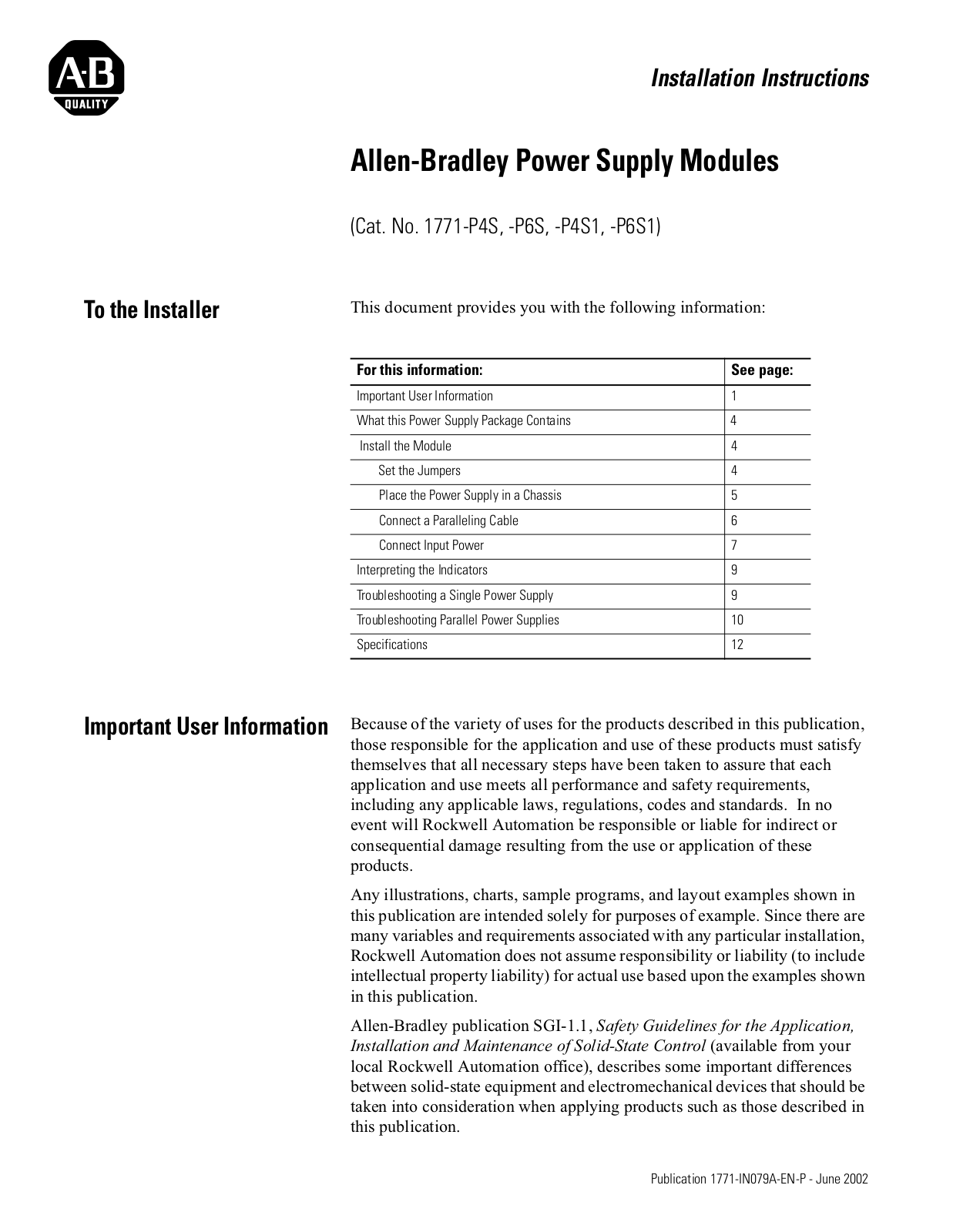 Rockwell Automation 1771-P4S, 1771-P6S, 1771-P4S1, 1771-P6S1 User Manual