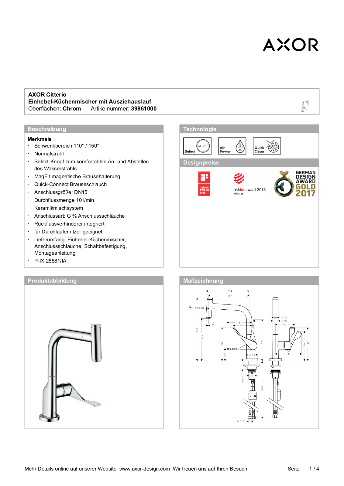 Axor 39861000 Instructions For Use/assembly Instructions