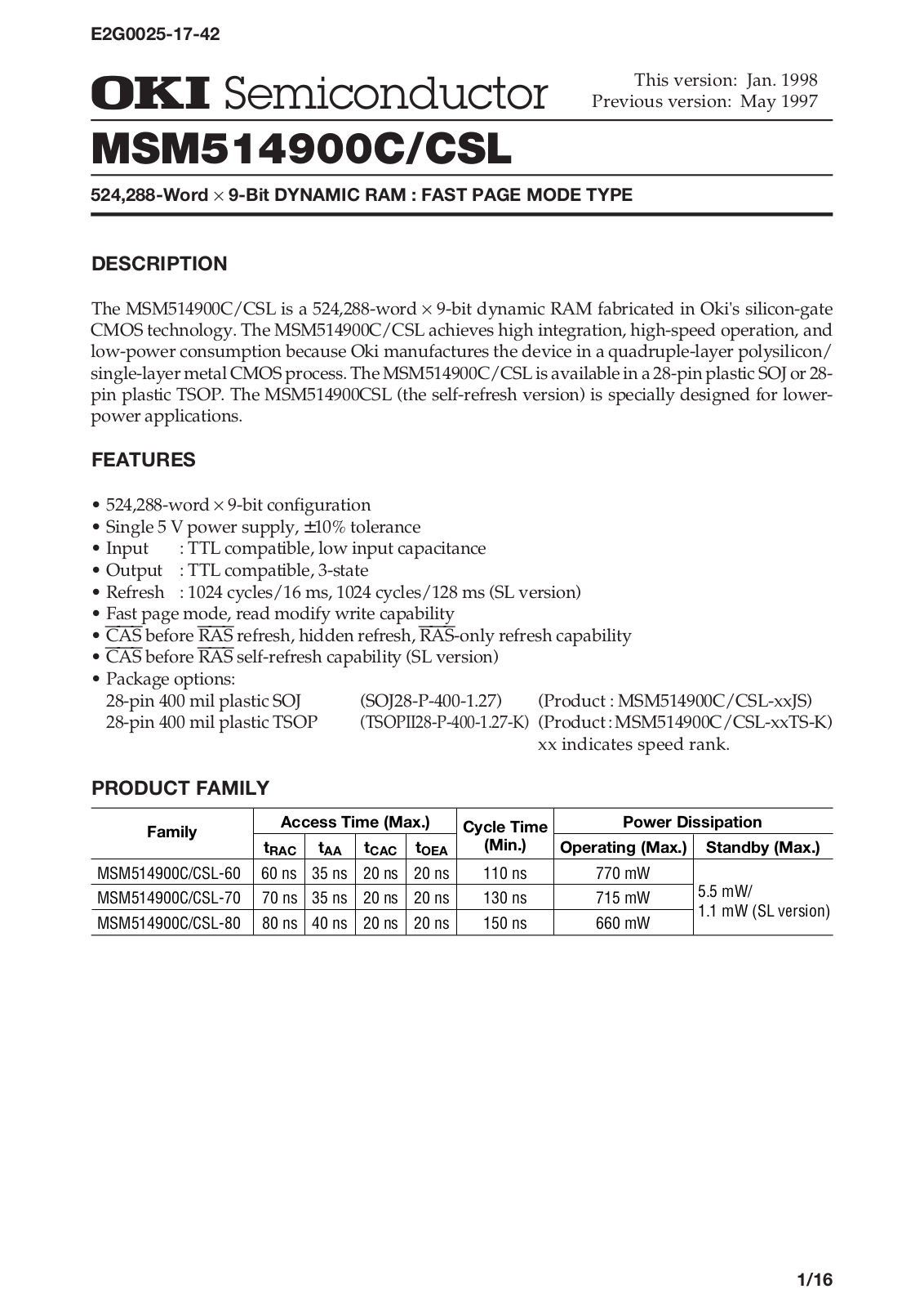 OKI MSM514900CSL-80TS-K, MSM514900CSL-70TS-K, MSM514900CSL-60JS, MSM514900C-80JS, MSM514900C-70JS Datasheet