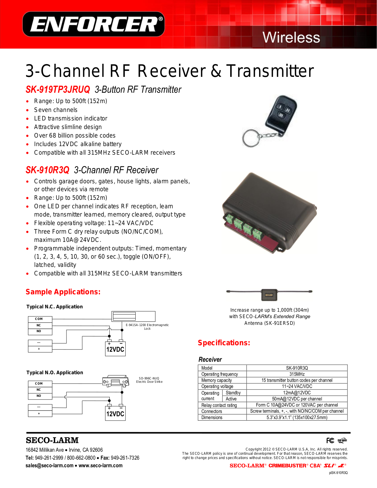 Seco-Larm SK-910R3Q, SK-919TP3JRUQ Specsheet