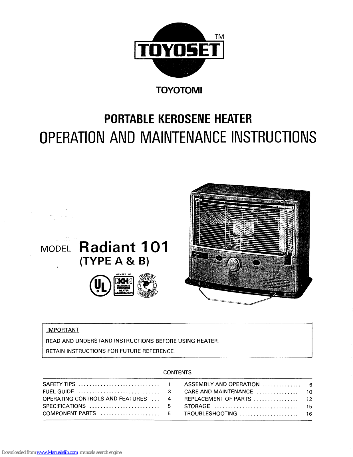 Toyoset Radiant 101 Type B Operation And Maintenance Instructions