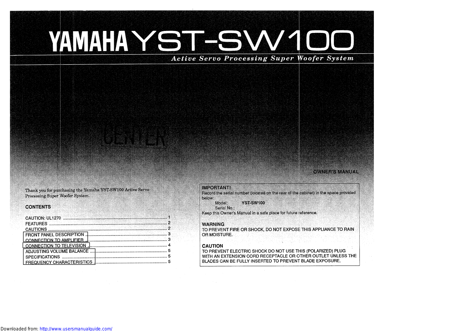 Yamaha Audio YST-SW100 User Manual