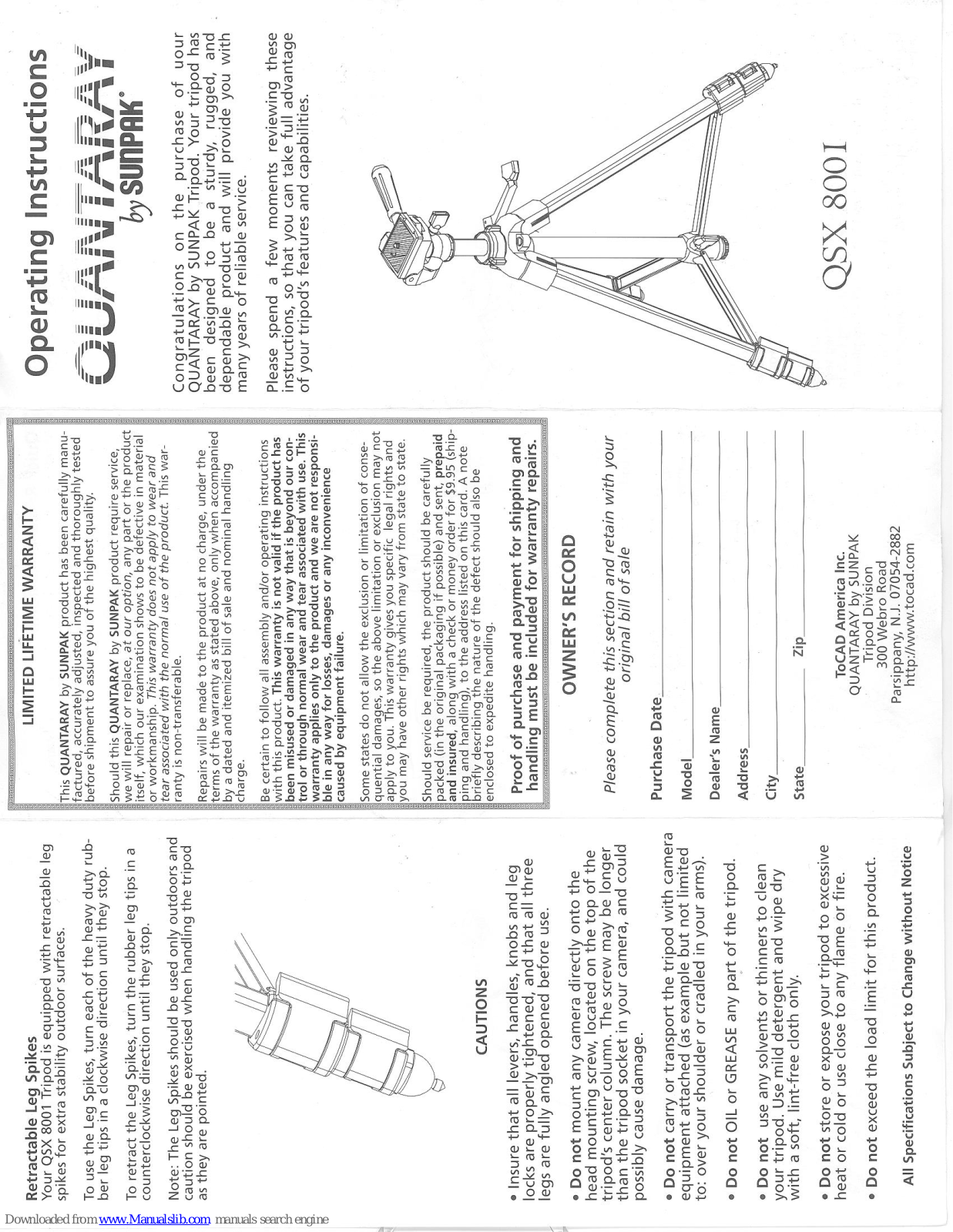 Sunpak Quantaray QSX 8001 Operating Instructions Manual