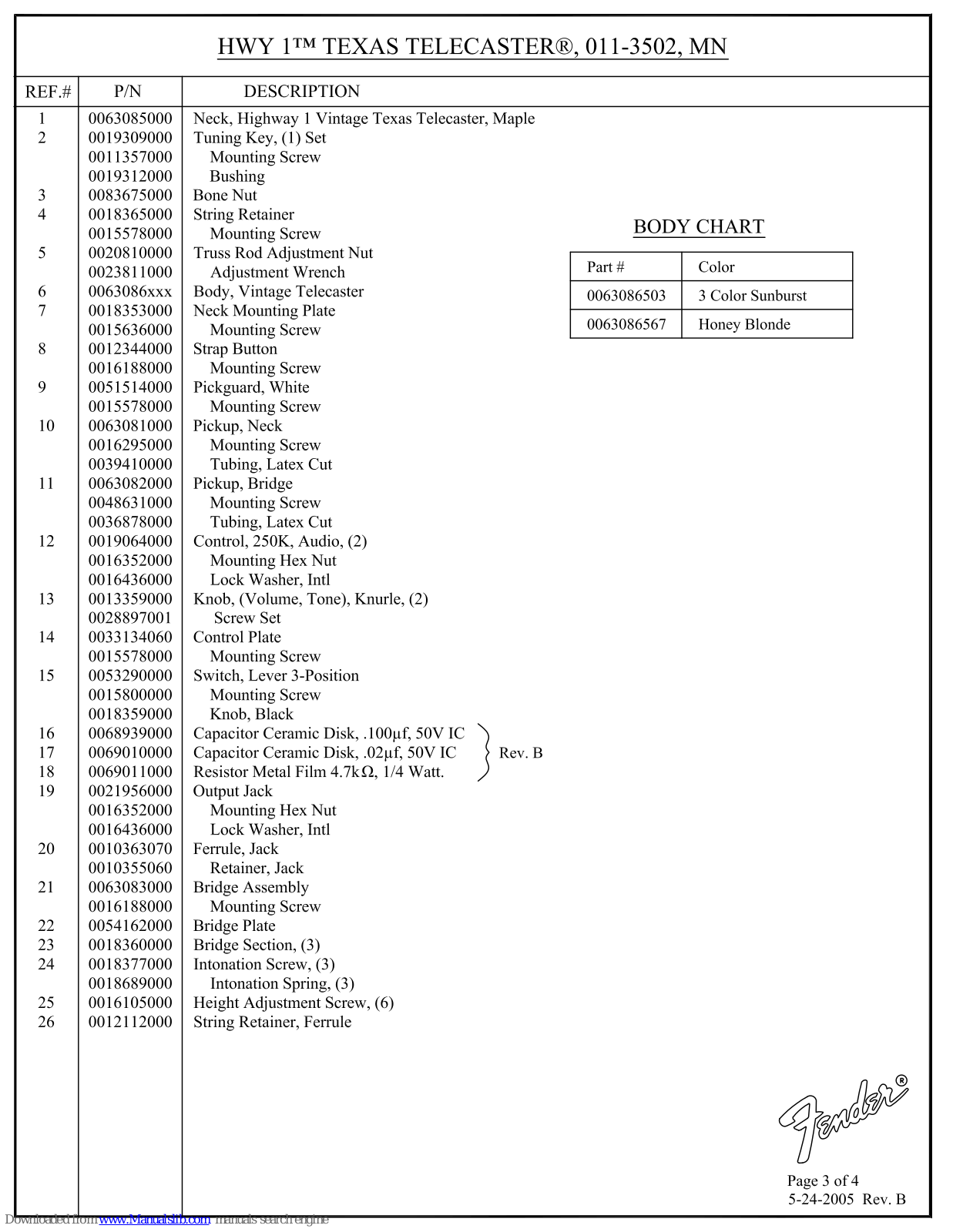 Fender Highway One Texas Telecaster, 011-3502 Parts List