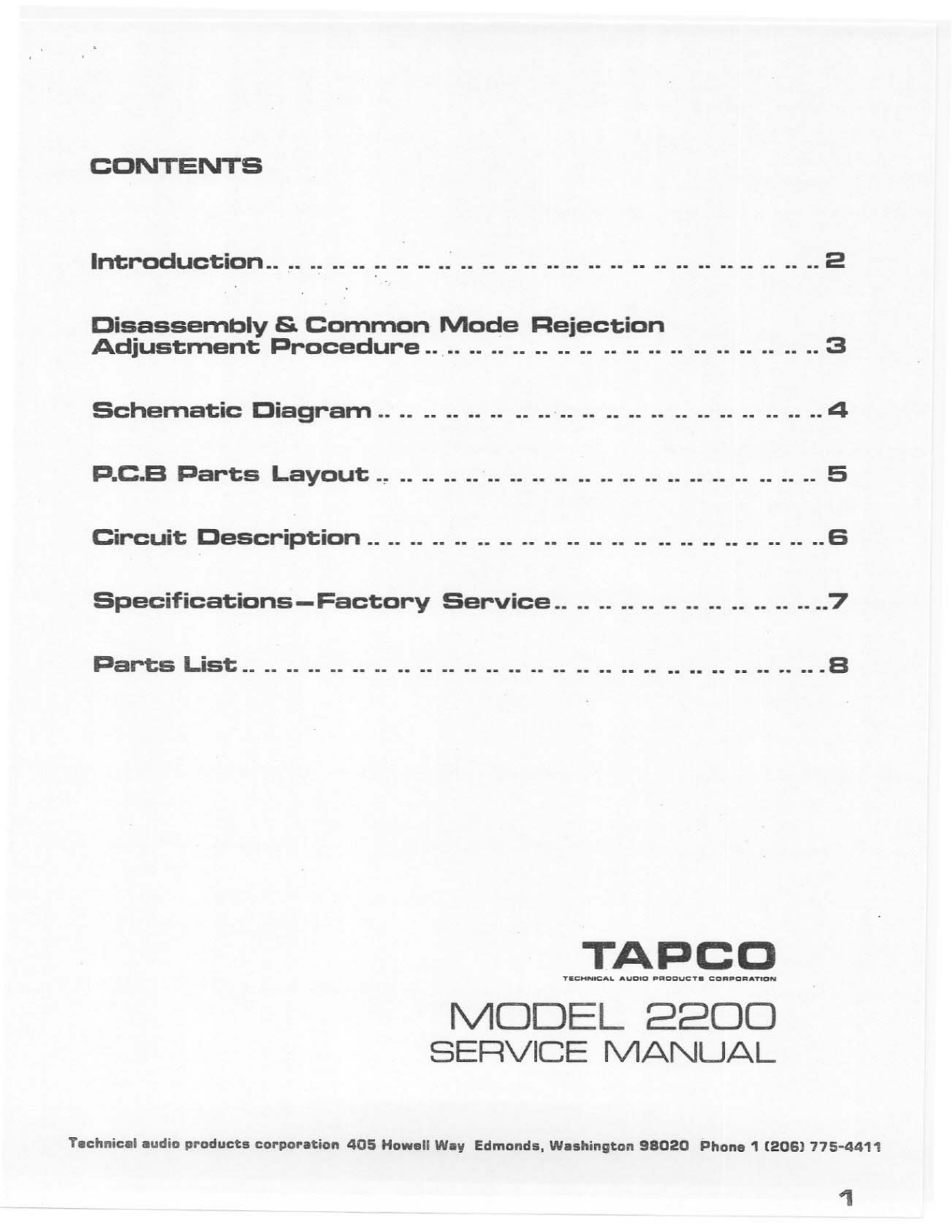 Tapco 2200 Service manual