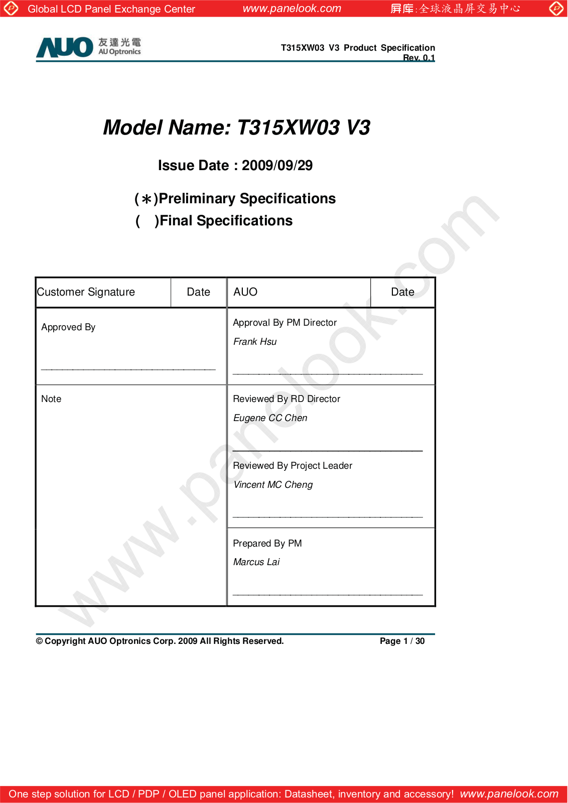 AUO T315XW03 V3 Specification