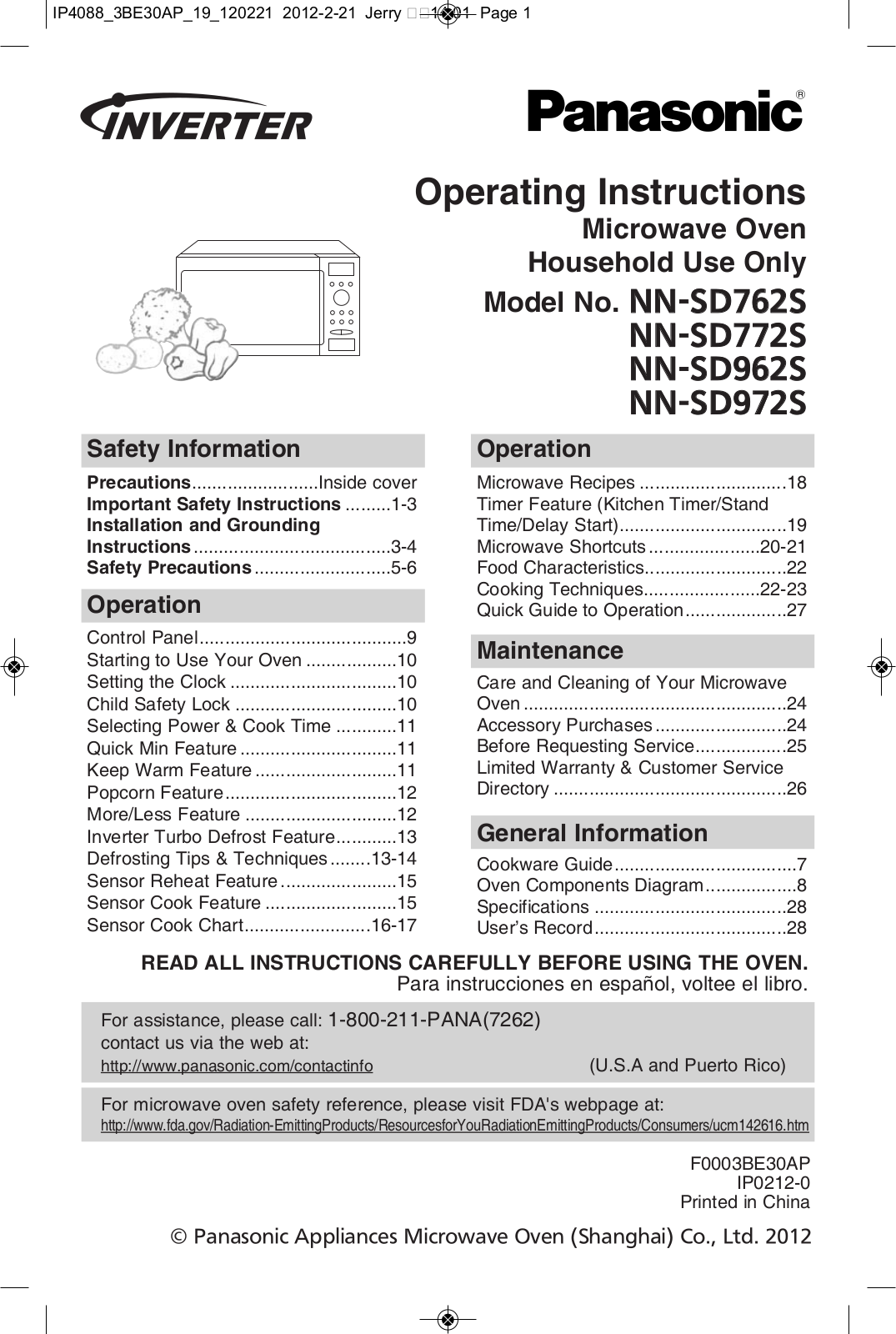 Panasonic NN-SD972S, NN-SD962S, NN-SD762S, NN-SD772S User Manual