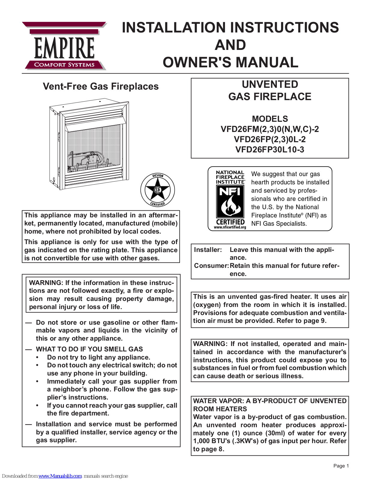 Empire Comfort Systems VFD26FM20N-2, VFD26FM20W-2, VFD26FM20C-2, VFD26FM3W-2, VFD26FM30N-2 Installation Instructions And Owner's Manual