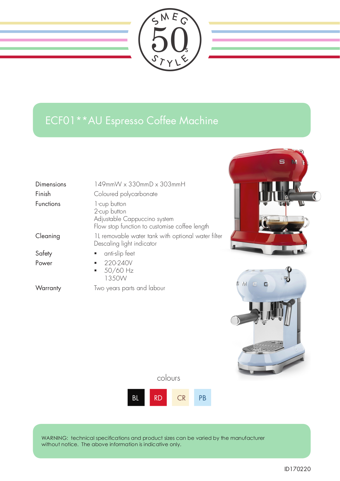 Smeg ECF01WHAU, ECF01CRAU38508-340, ECF01BLAU, ECF01CRAU, ECF01PBAU Specifications Sheet