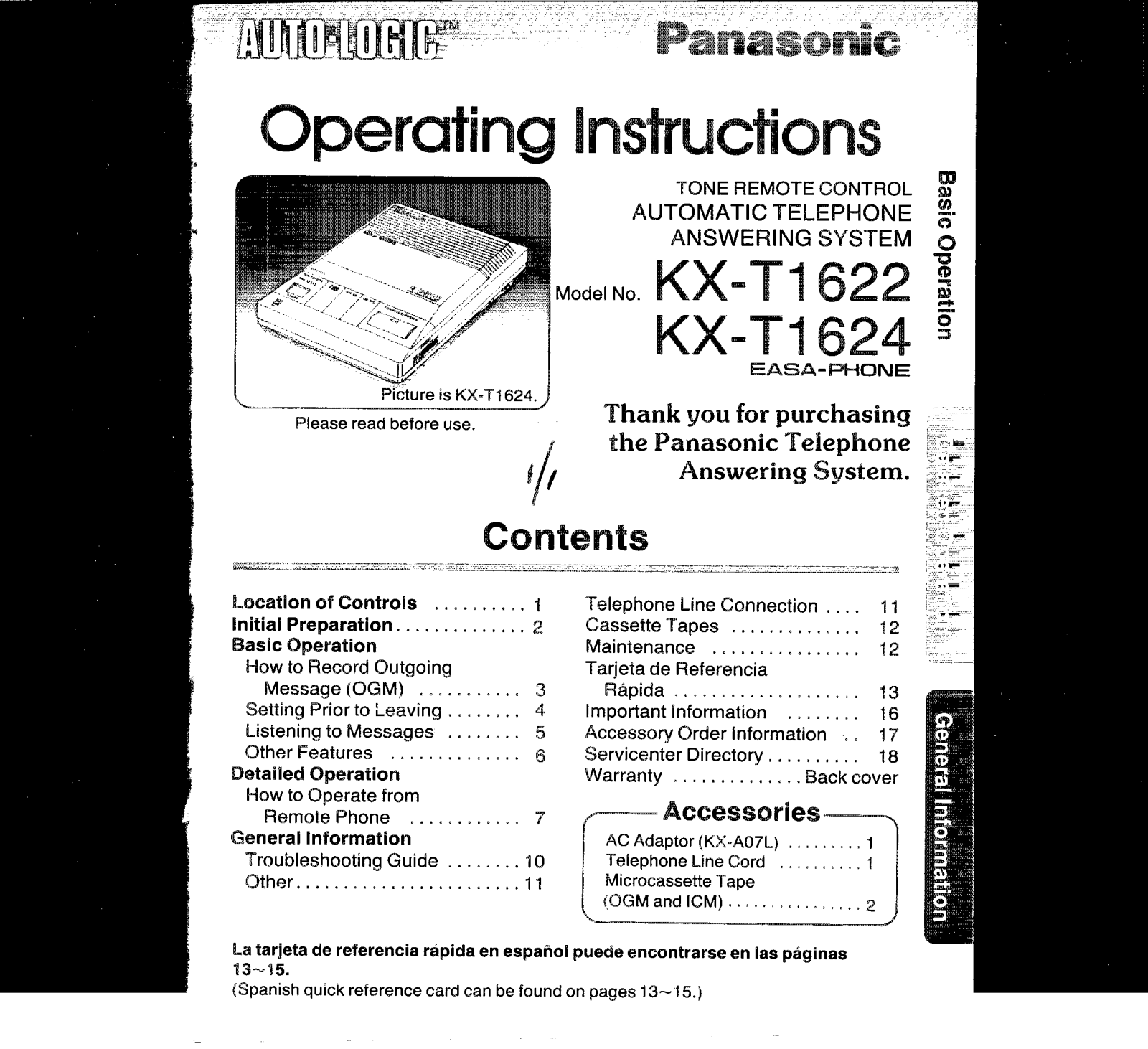 Panasonic kx-t1622 Operation Manual