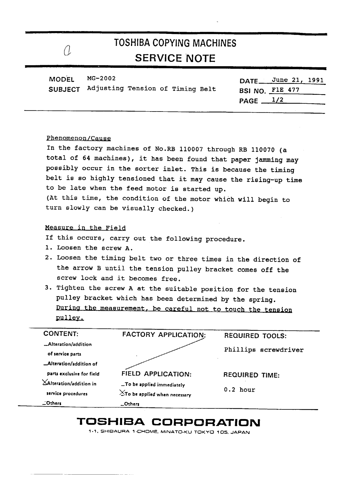 Toshiba f1e477 Service Note