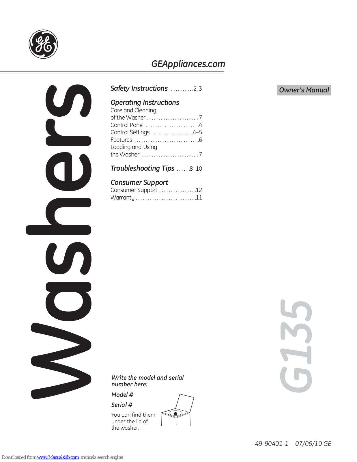 GE GTWN4250M, GTWN4450M, GTWN4450MWS, GTWN4250MWS, G135 Owner's Manual