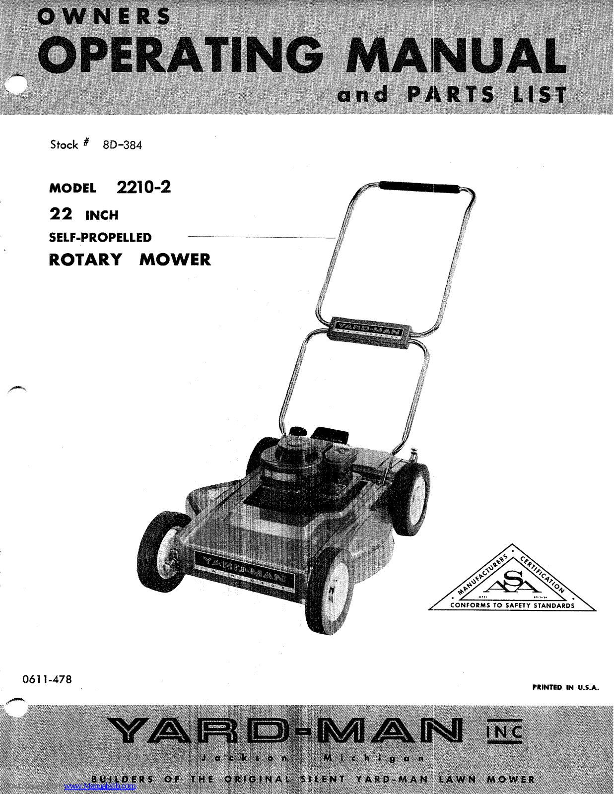 Yard-Man 2210-2 Owners Operating Manual And Parts List