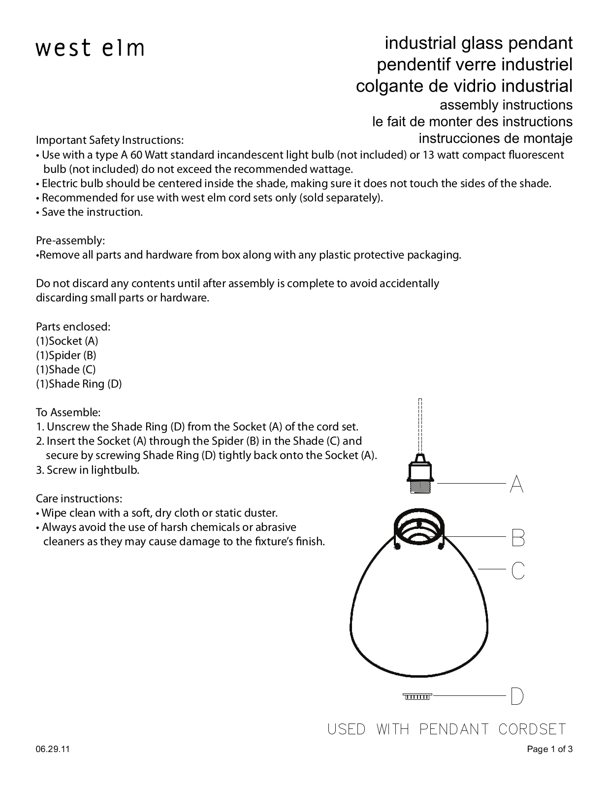 West Elm Industrial Pendant Glass Assembly Instruction