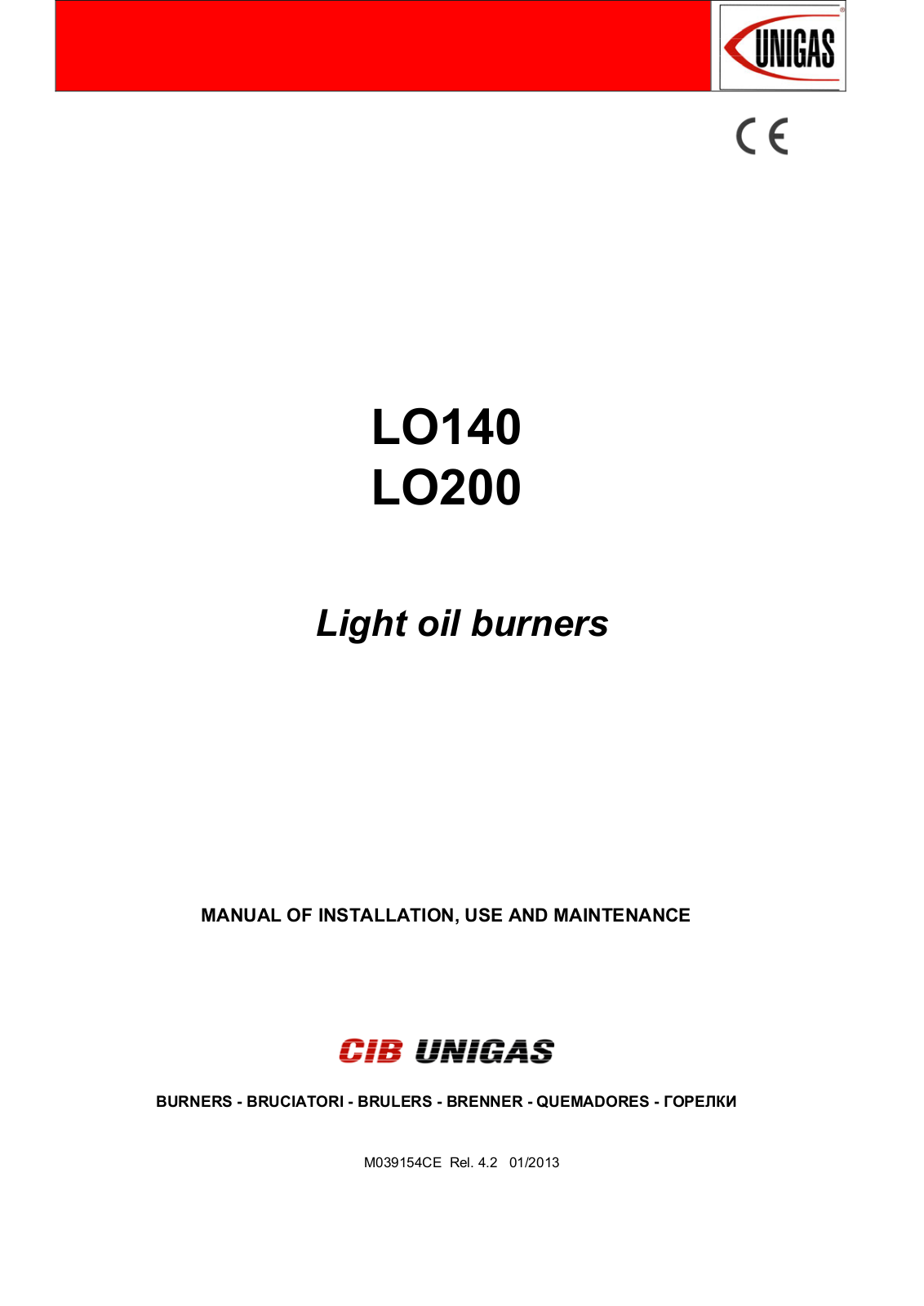 Unigas LO140 G-.TN Series, LO140 G-.AB Series, LO200 G-.TN Series, LO200 G-.AB Series Instructions For Installation, Use And Maintenance Manual