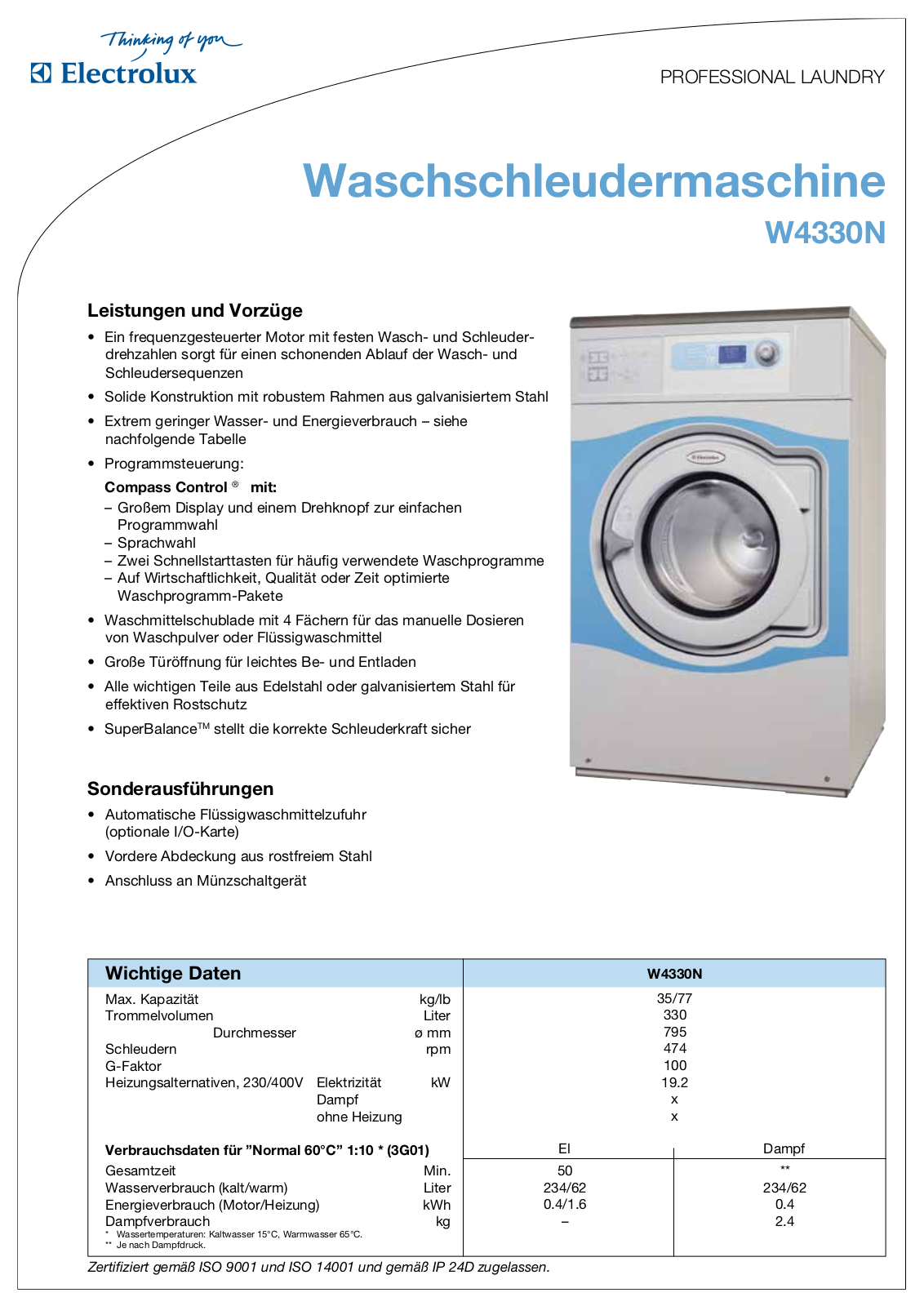 Electrolux W4330N DATASHEET