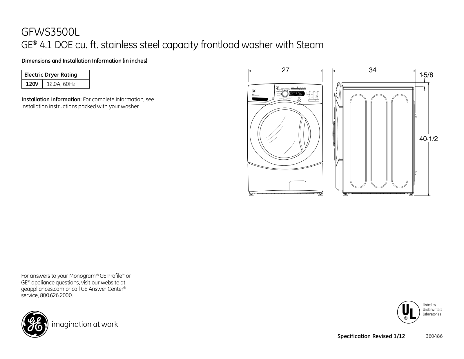 GE GFWS3500L Specification