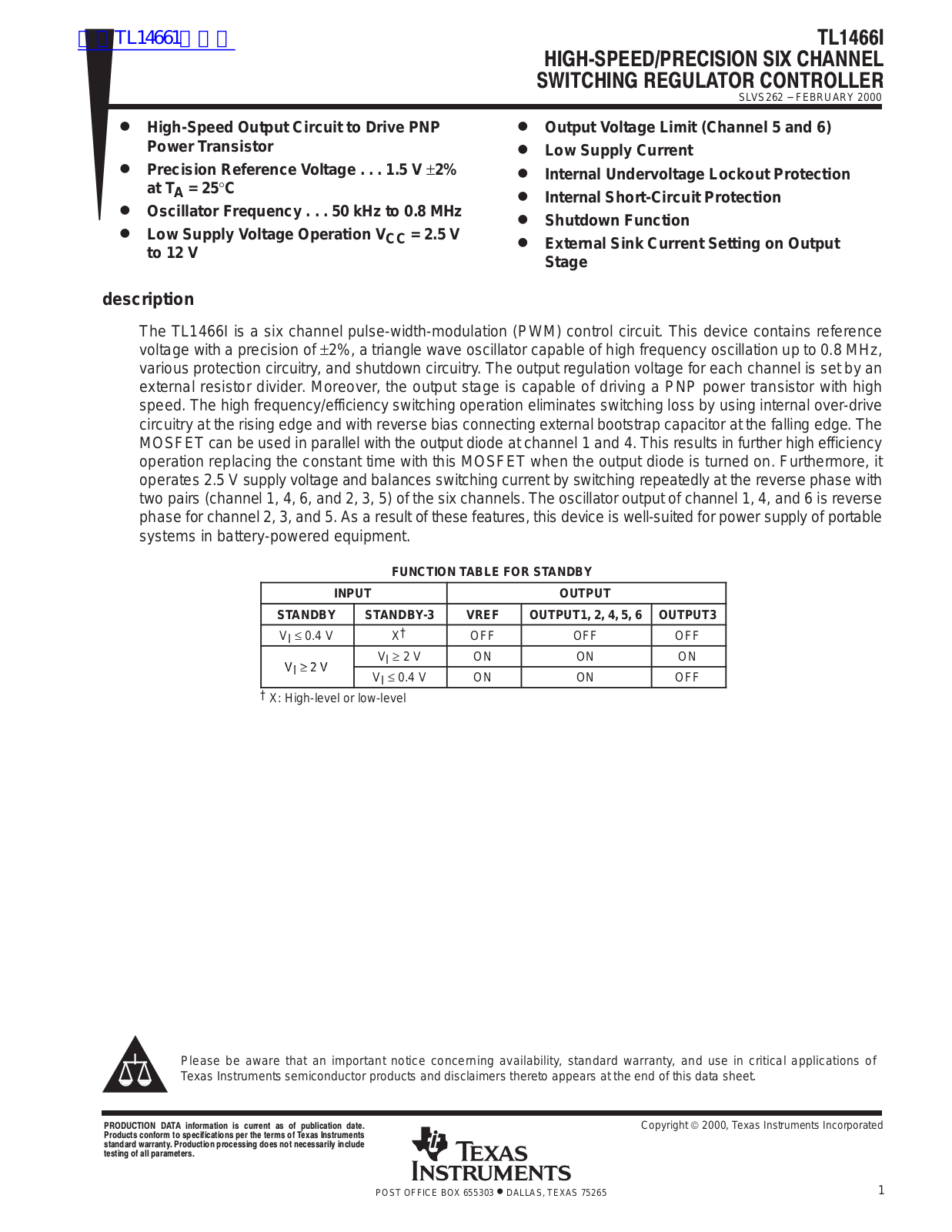 TEXAS INSTRUMENTS TL1466I Technical data