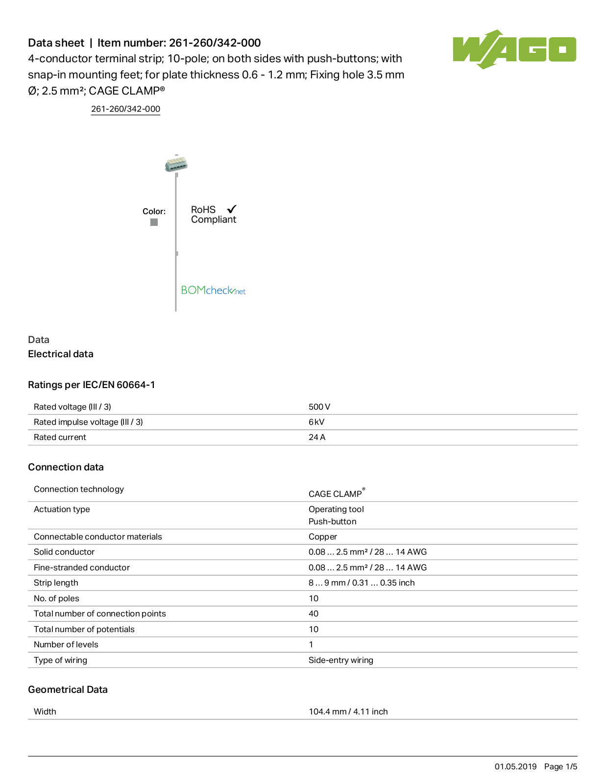 Wago 261-260/342-000 Data Sheet