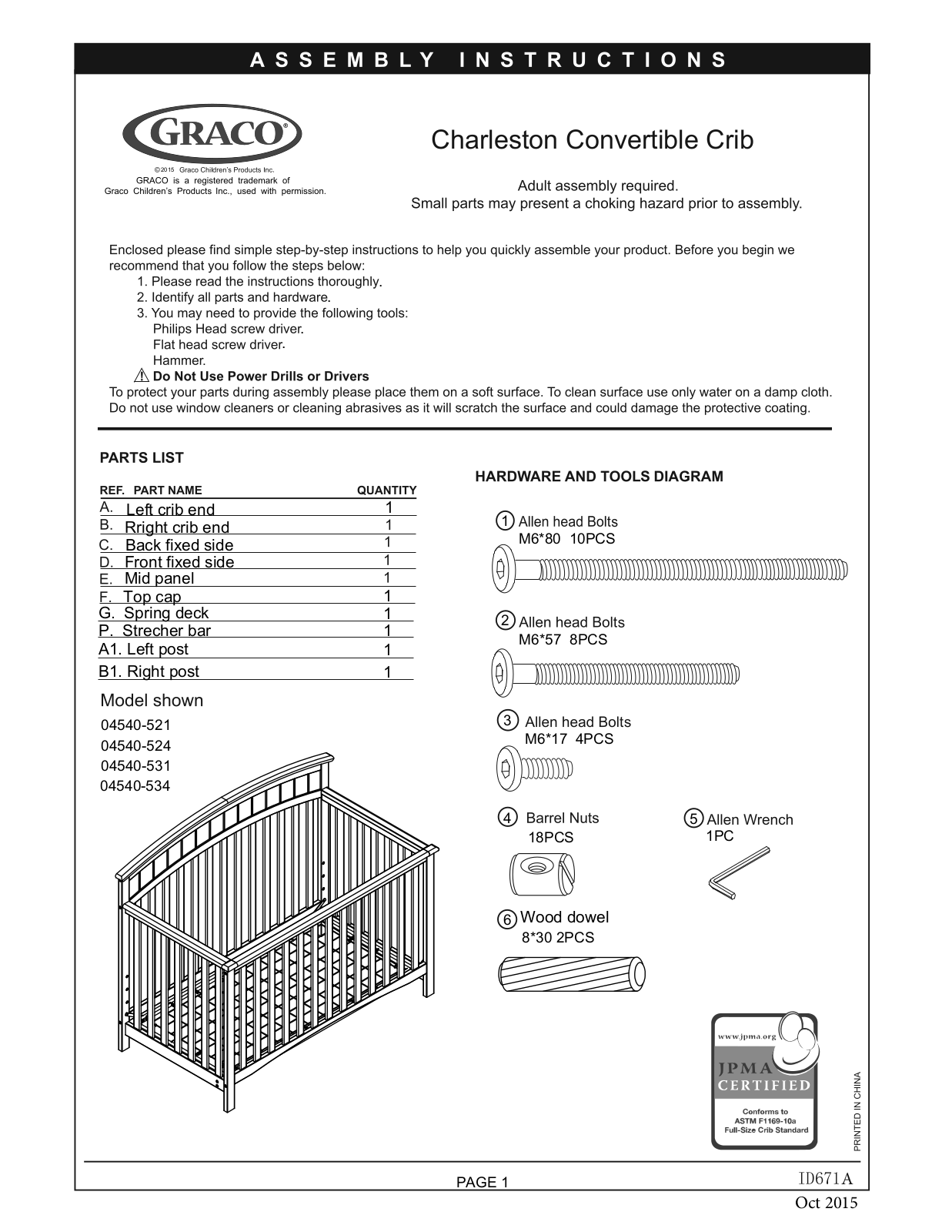 Graco Charleston Series, 04540-521, 04540-531, 04540-534, 04540-524 Assembly Instructions Manual